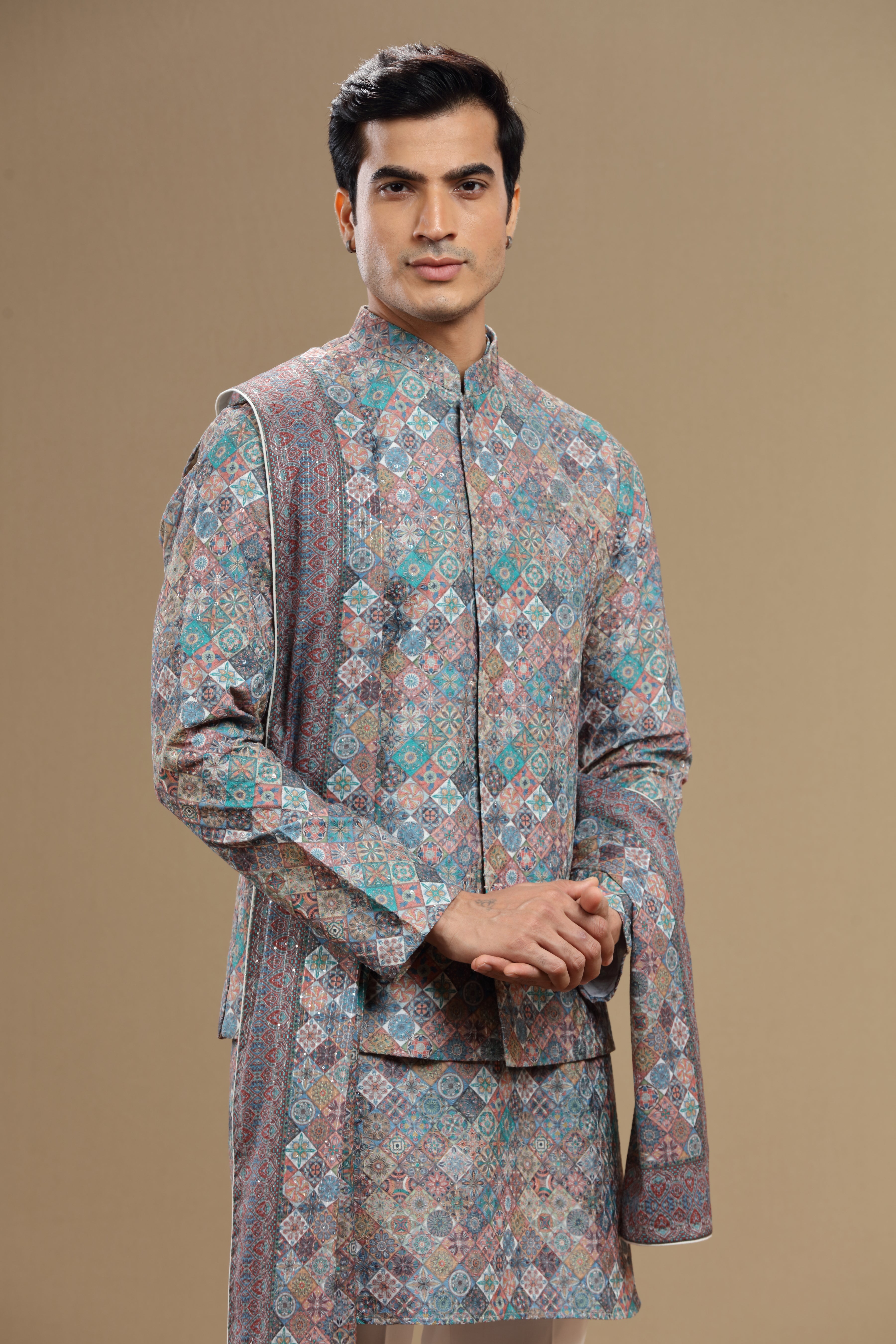Multicolor Silk Jacket With Geometric Print Sequin Work - Shreeman