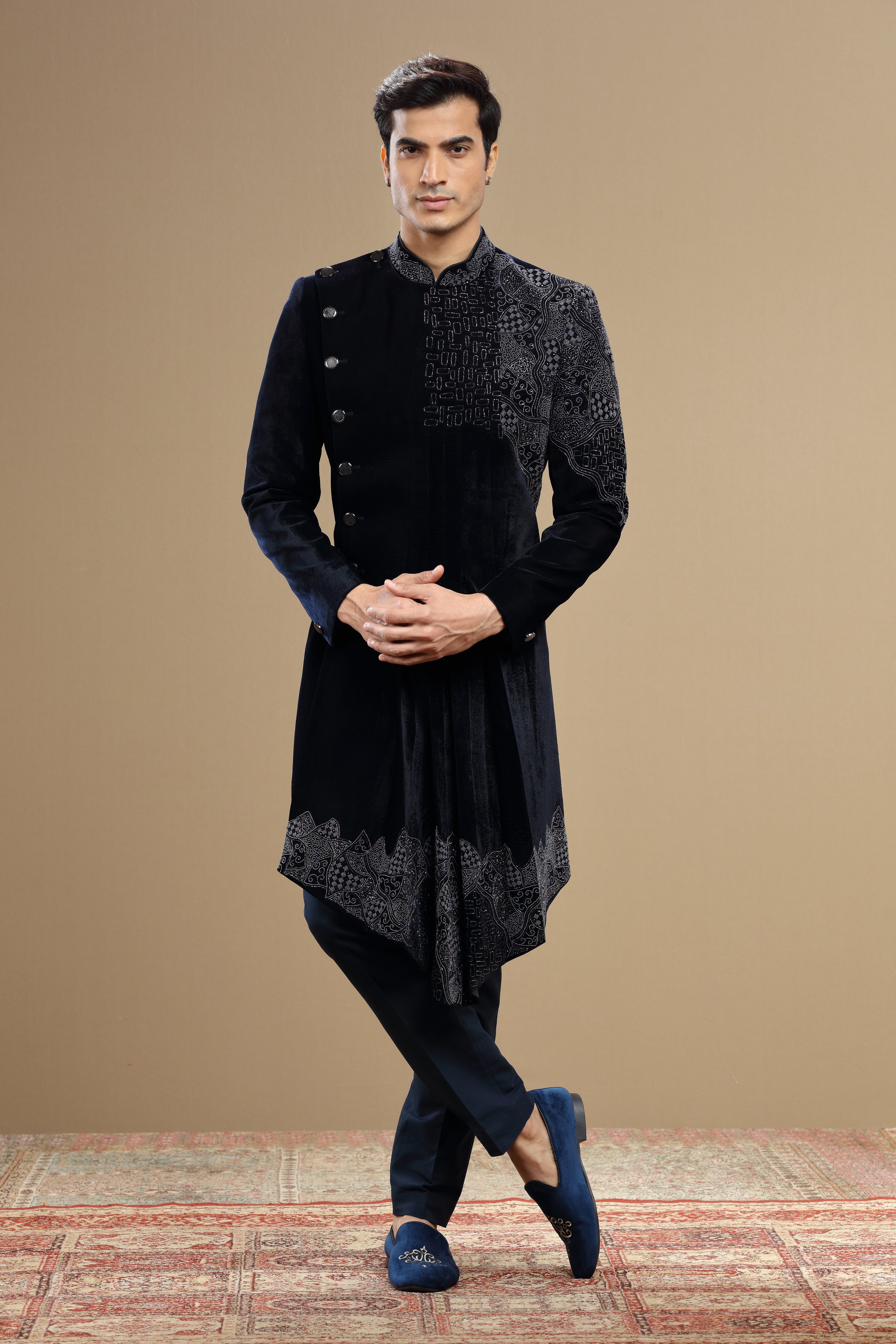 Black Velvet Indowestern In Geometric Cutdana Bead Work - Shreeman