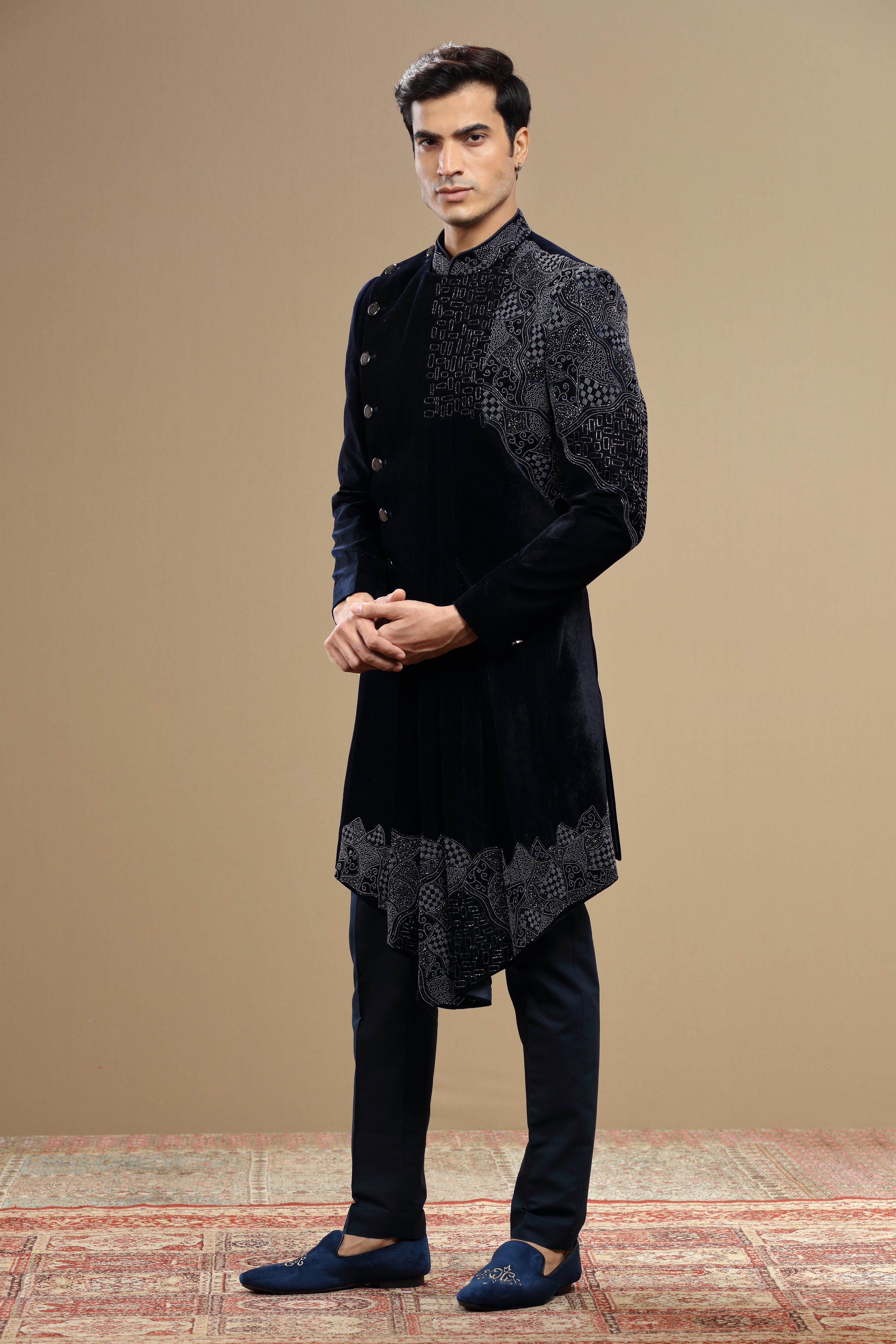 Black Velvet Indowestern In Geometric Cutdana Bead Work - Shreeman