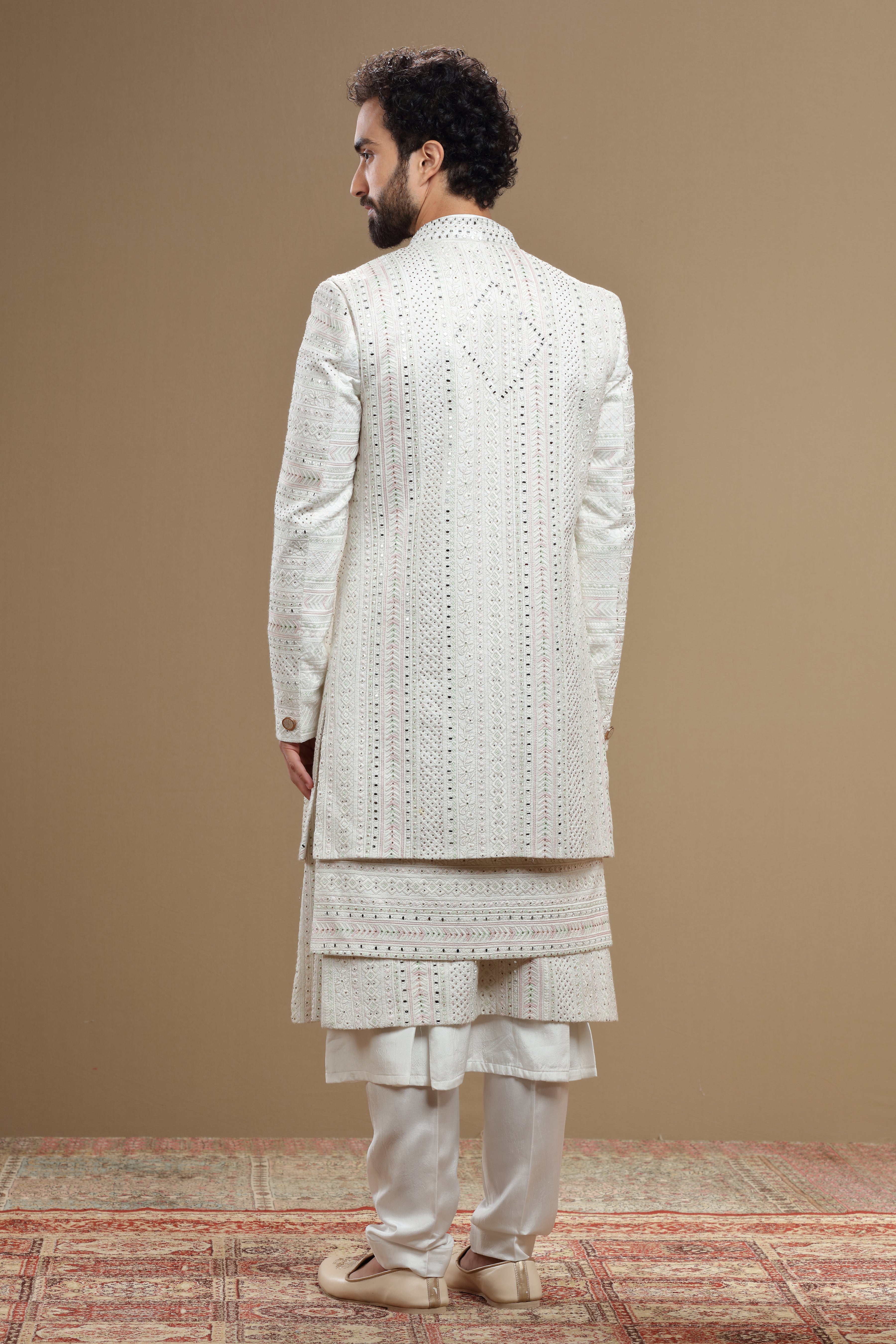 Ivory silk embroidered sherwani set with anarkali - Shreeman