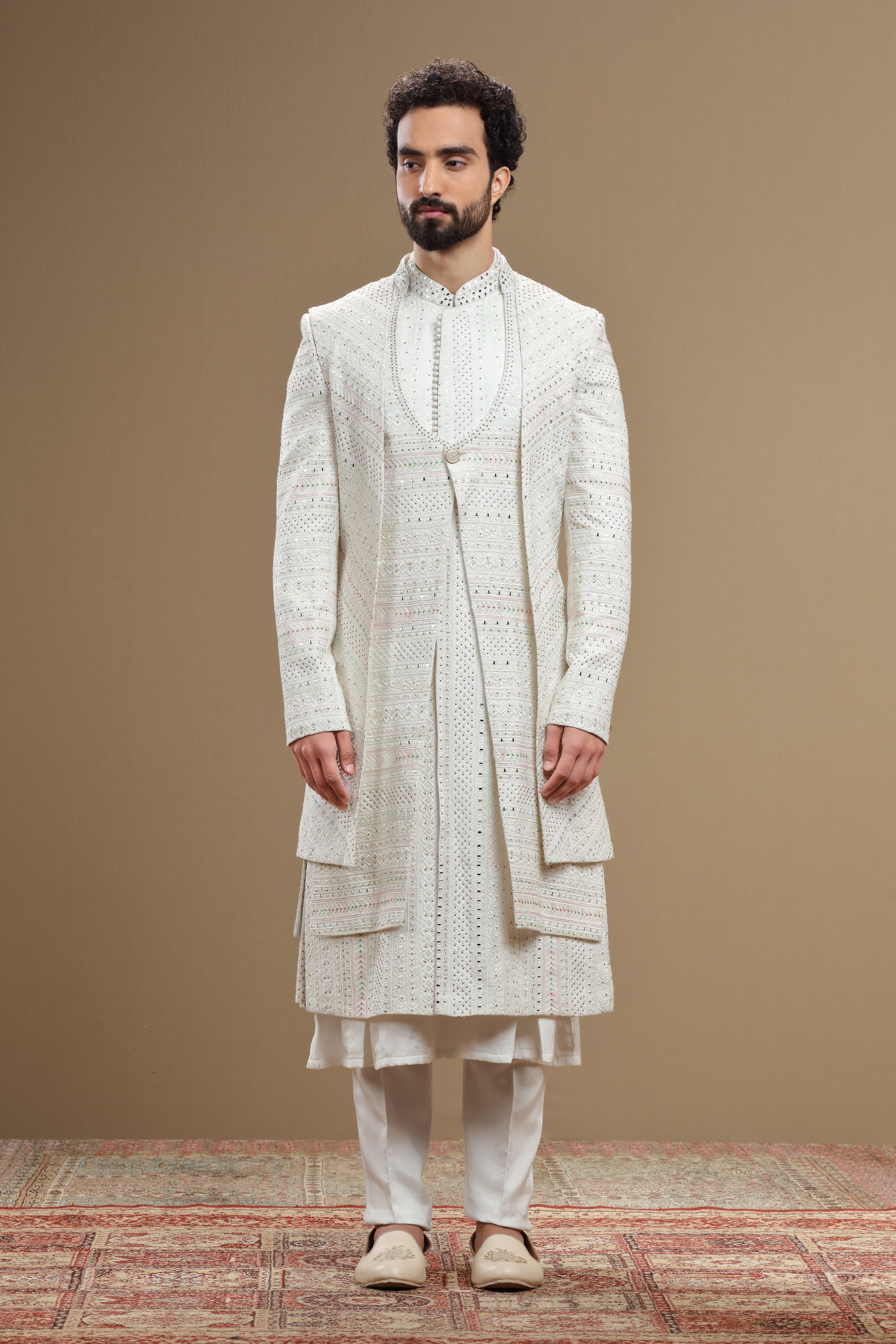 Ivory silk embroidered sherwani set with anarkali - Shreeman