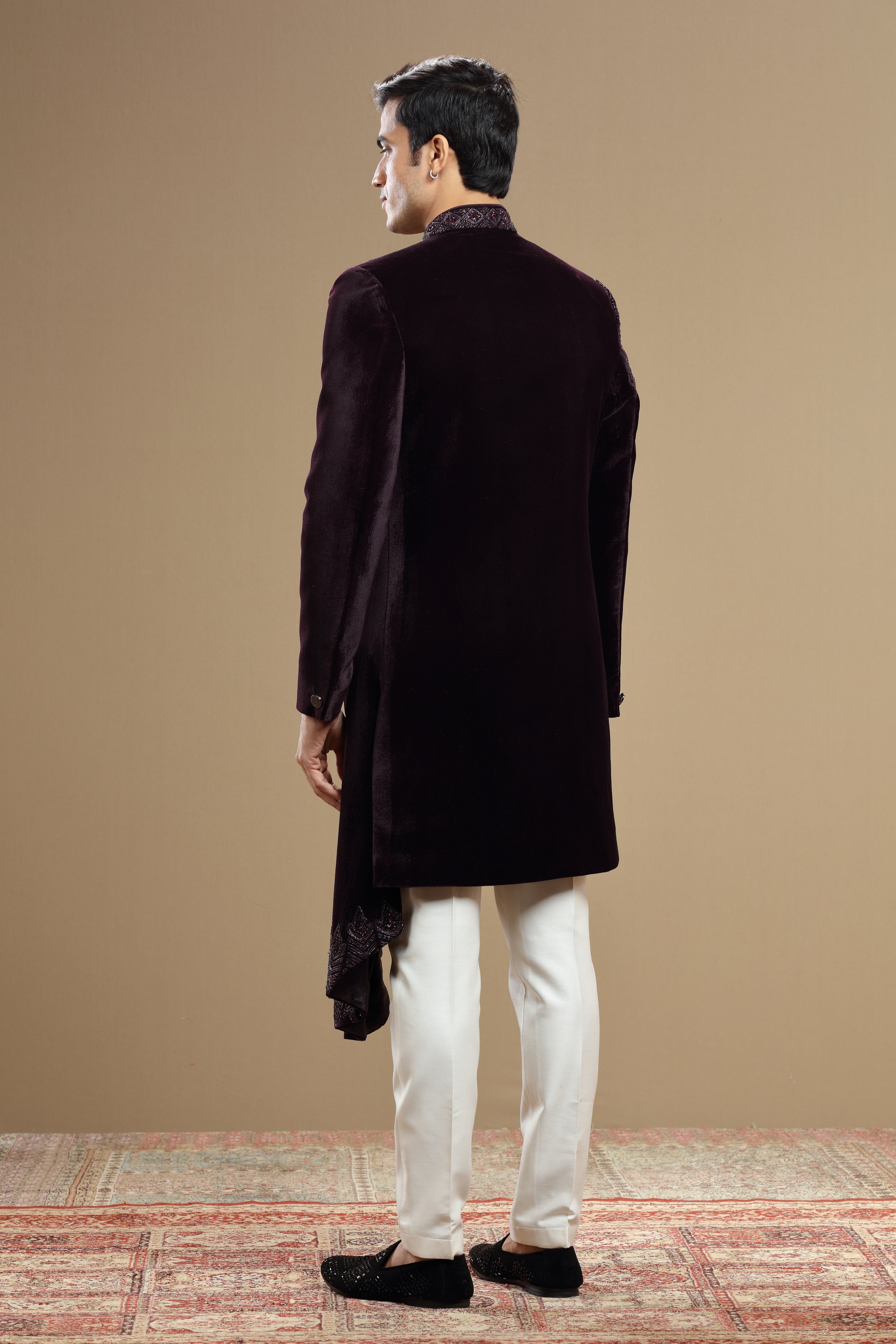 Wine Velvet IndoWestern With Cutdana Bead Embroidery - Shreeman
