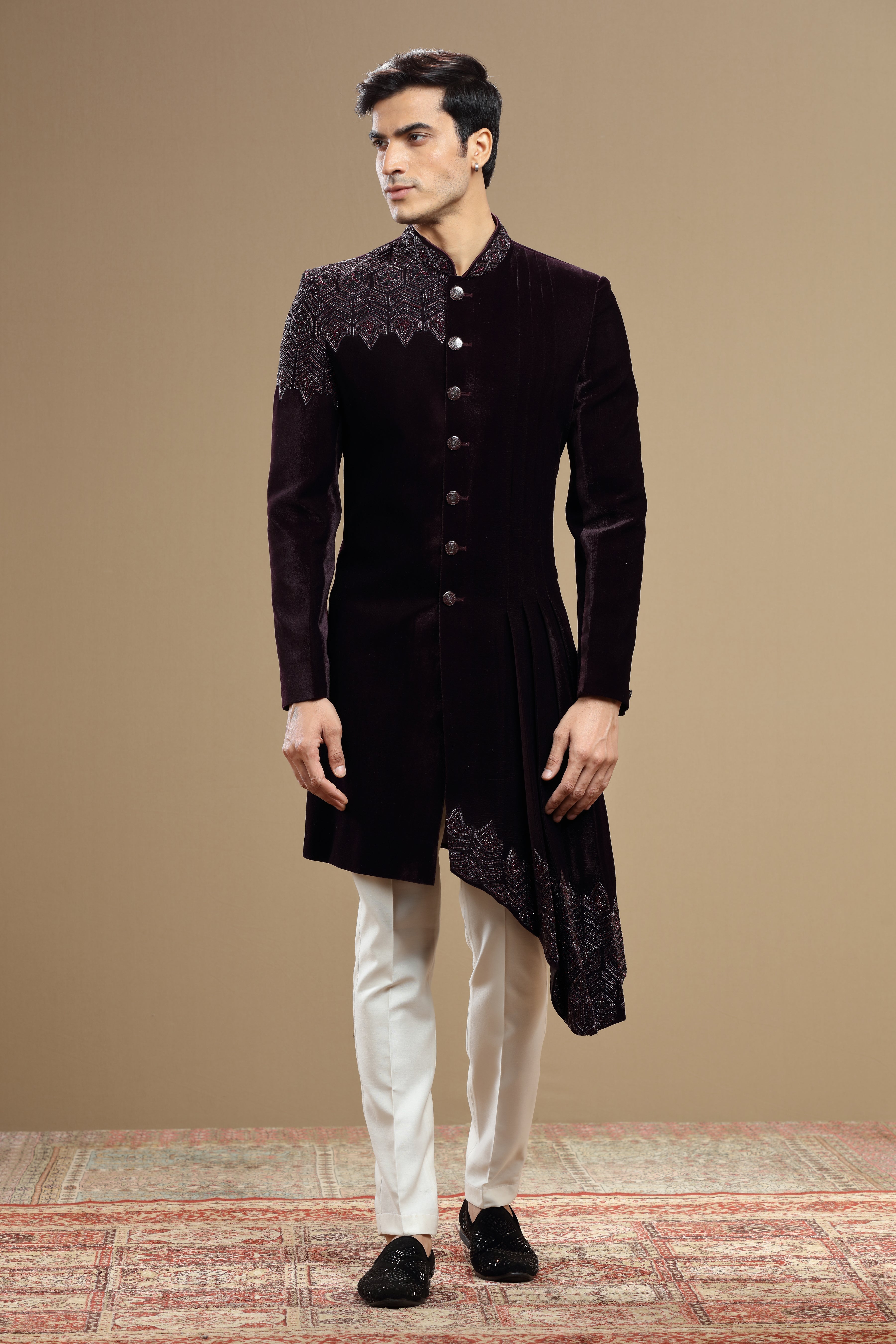 Wine Velvet IndoWestern With Cutdana Bead Embroidery - Shreeman