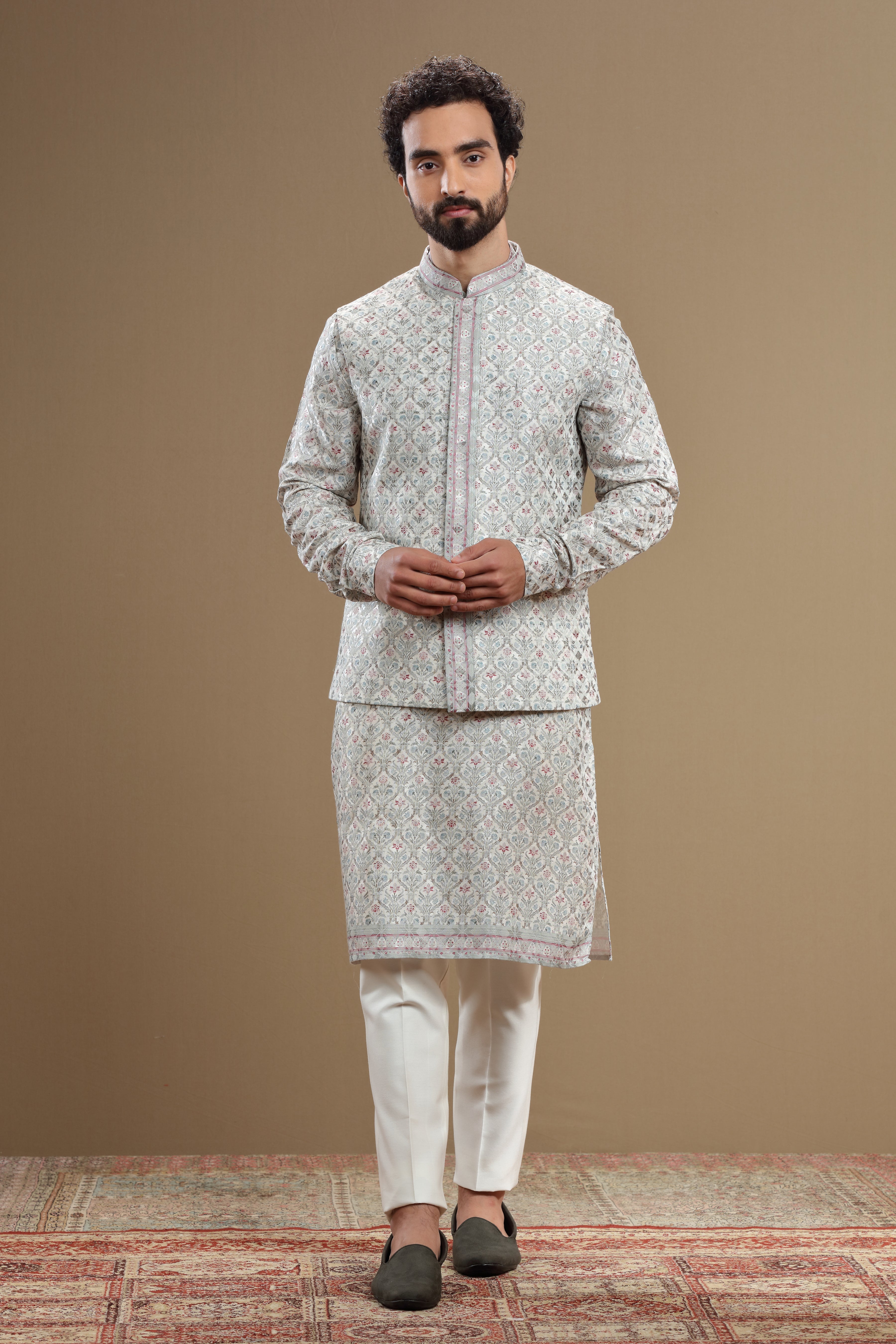 Beige jacket set with floral design and minimal embroidery - Shreeman