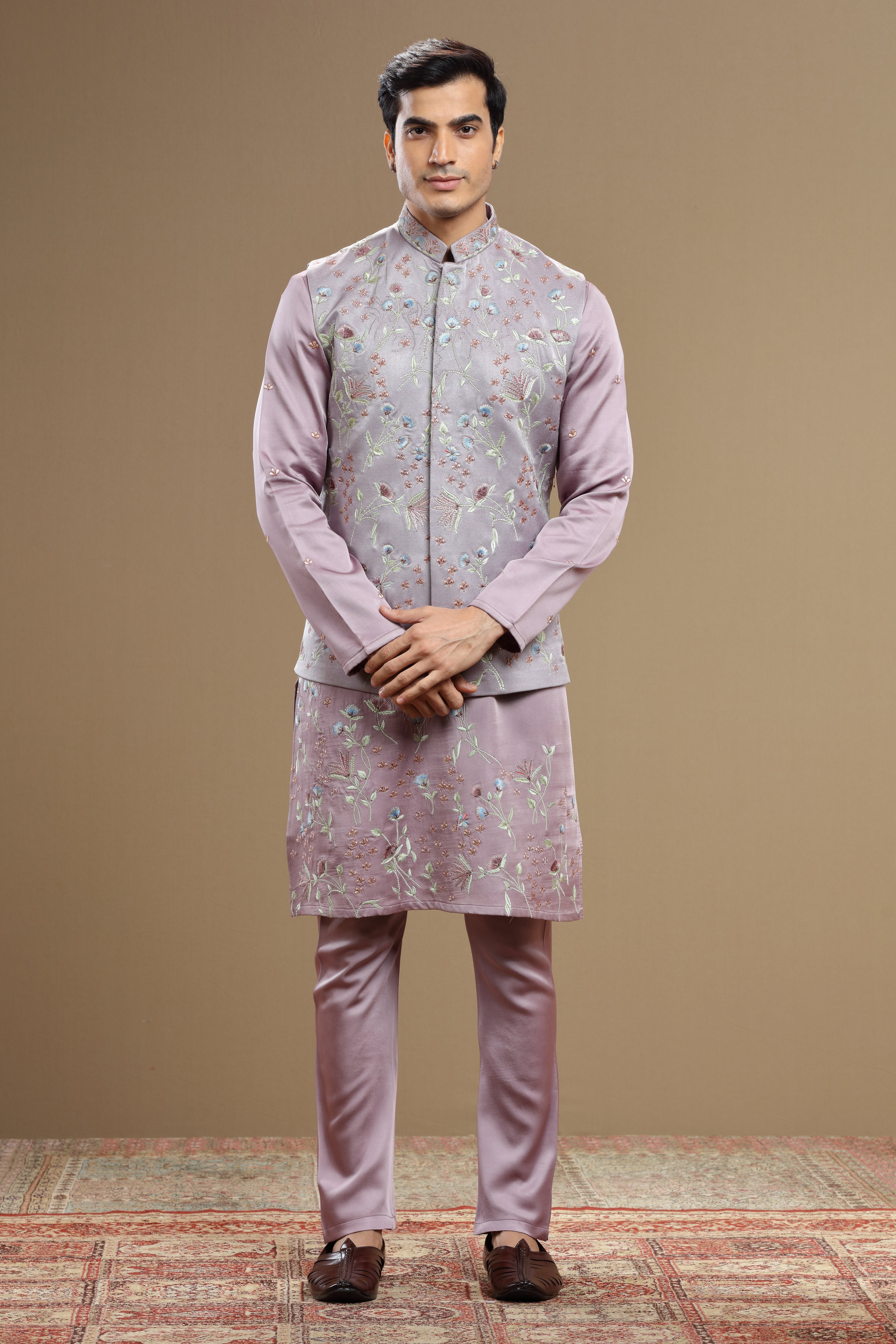 Ivory Floral Jacket Set Multicolor Resham Embroidery - Shreeman