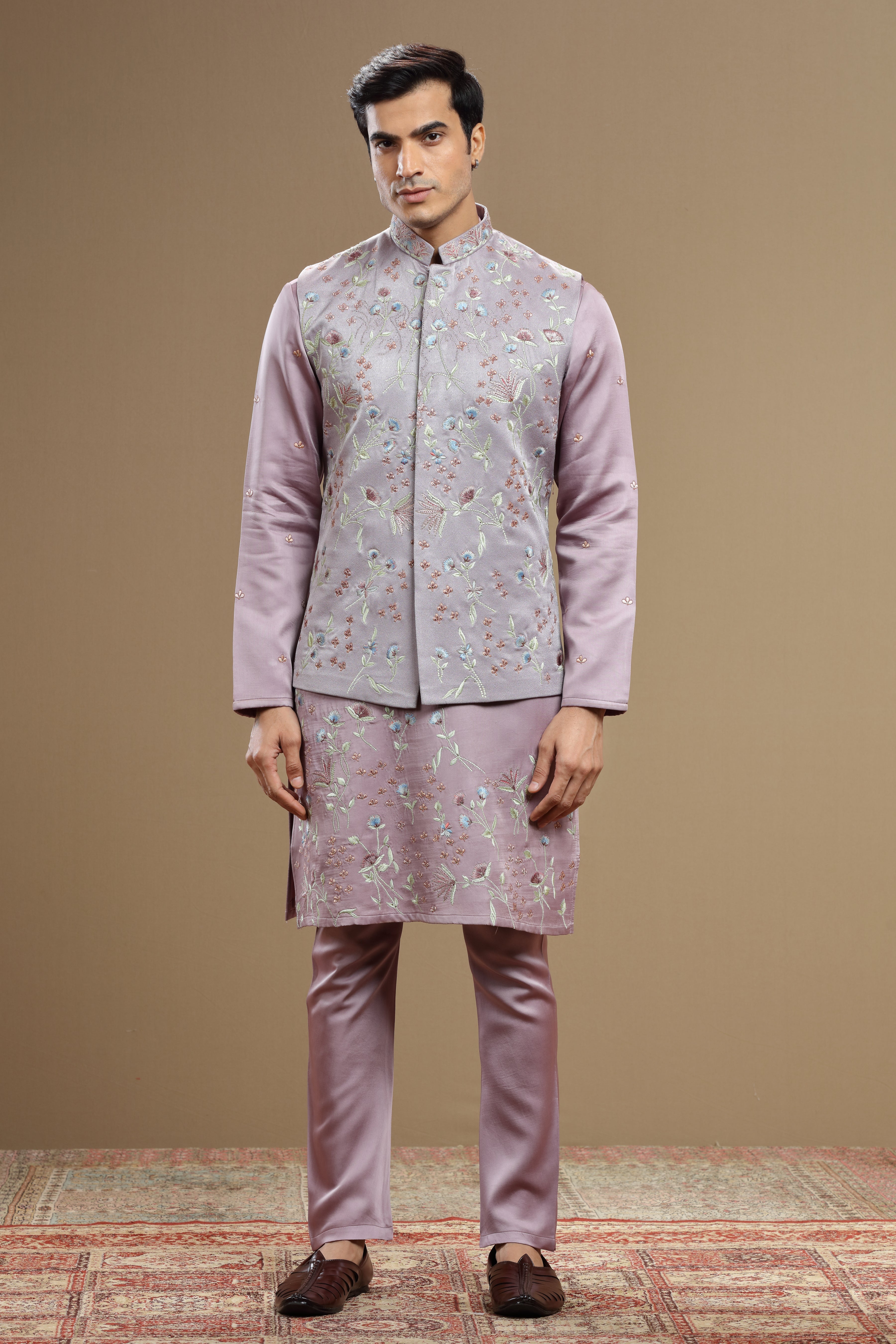 Ivory Floral Jacket Set Multicolor Resham Embroidery - Shreeman