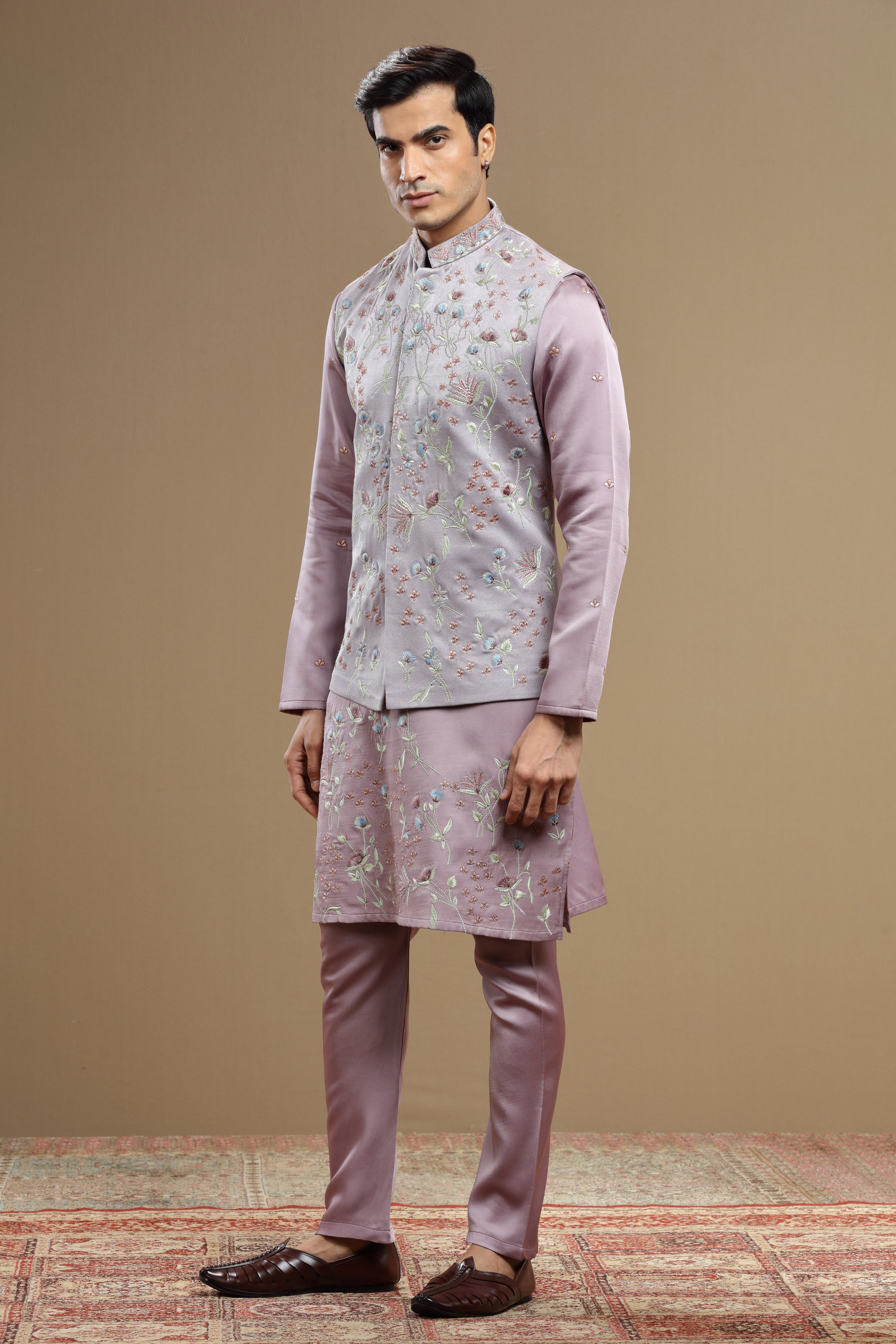 Ivory Floral Jacket Set Multicolor Resham Embroidery - Shreeman