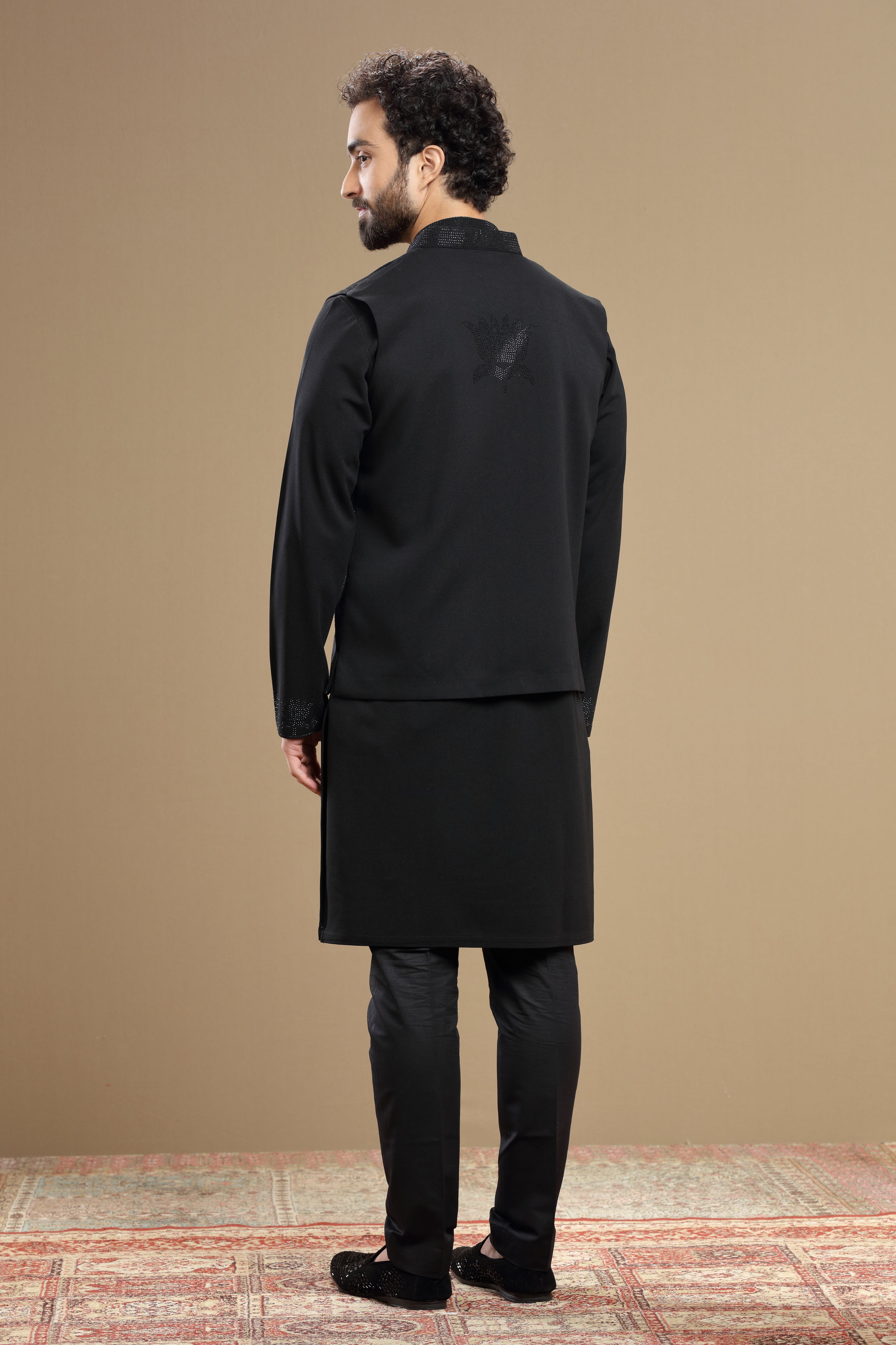 Black Silk Jacket Set With Floral Bead Embroidery - Shreeman