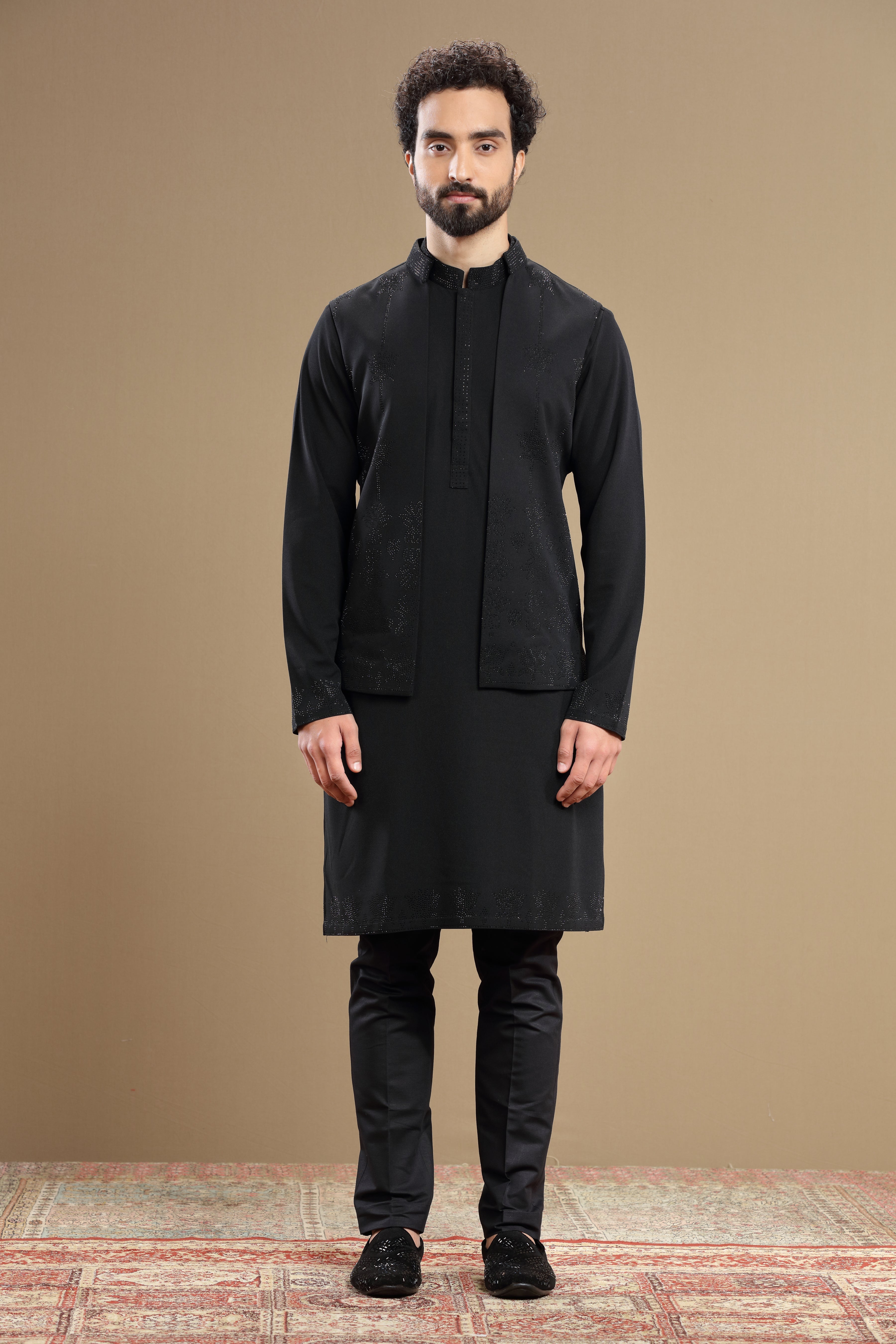 Black Silk Jacket Set With Floral Bead Embroidery - Shreeman
