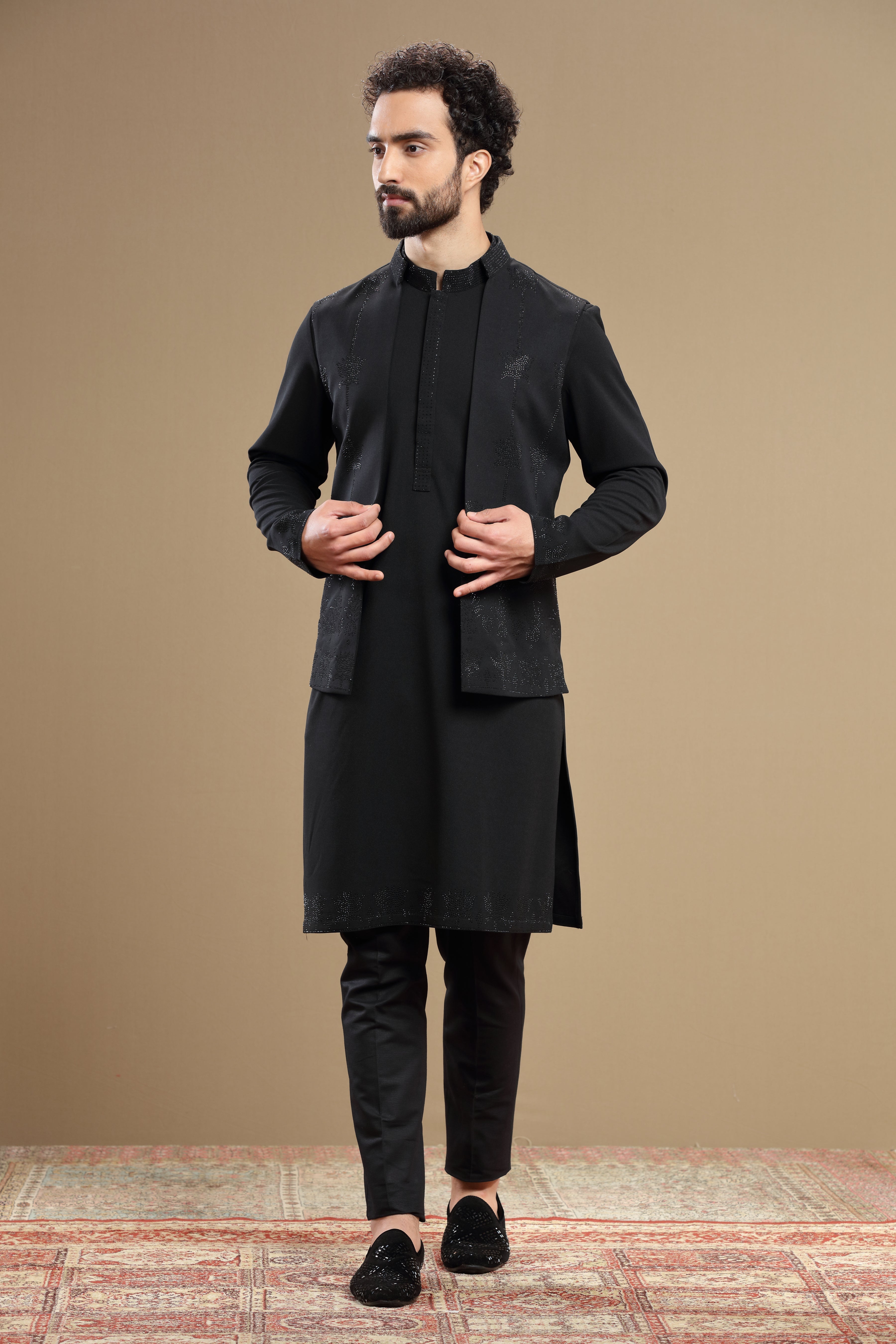 Black Silk Jacket Set With Floral Bead Embroidery - Shreeman