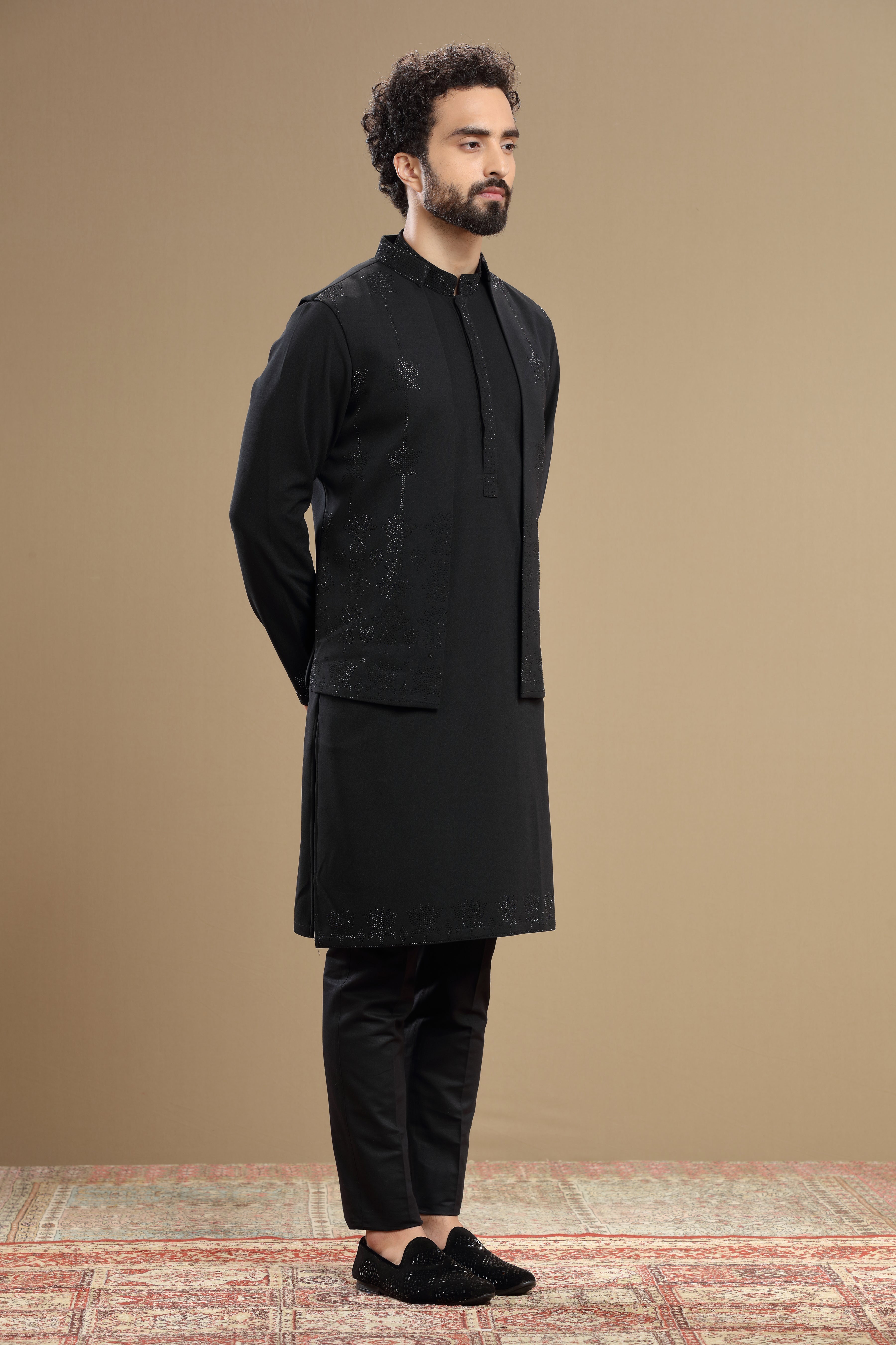 Black Silk Jacket Set With Floral Bead Embroidery - Shreeman