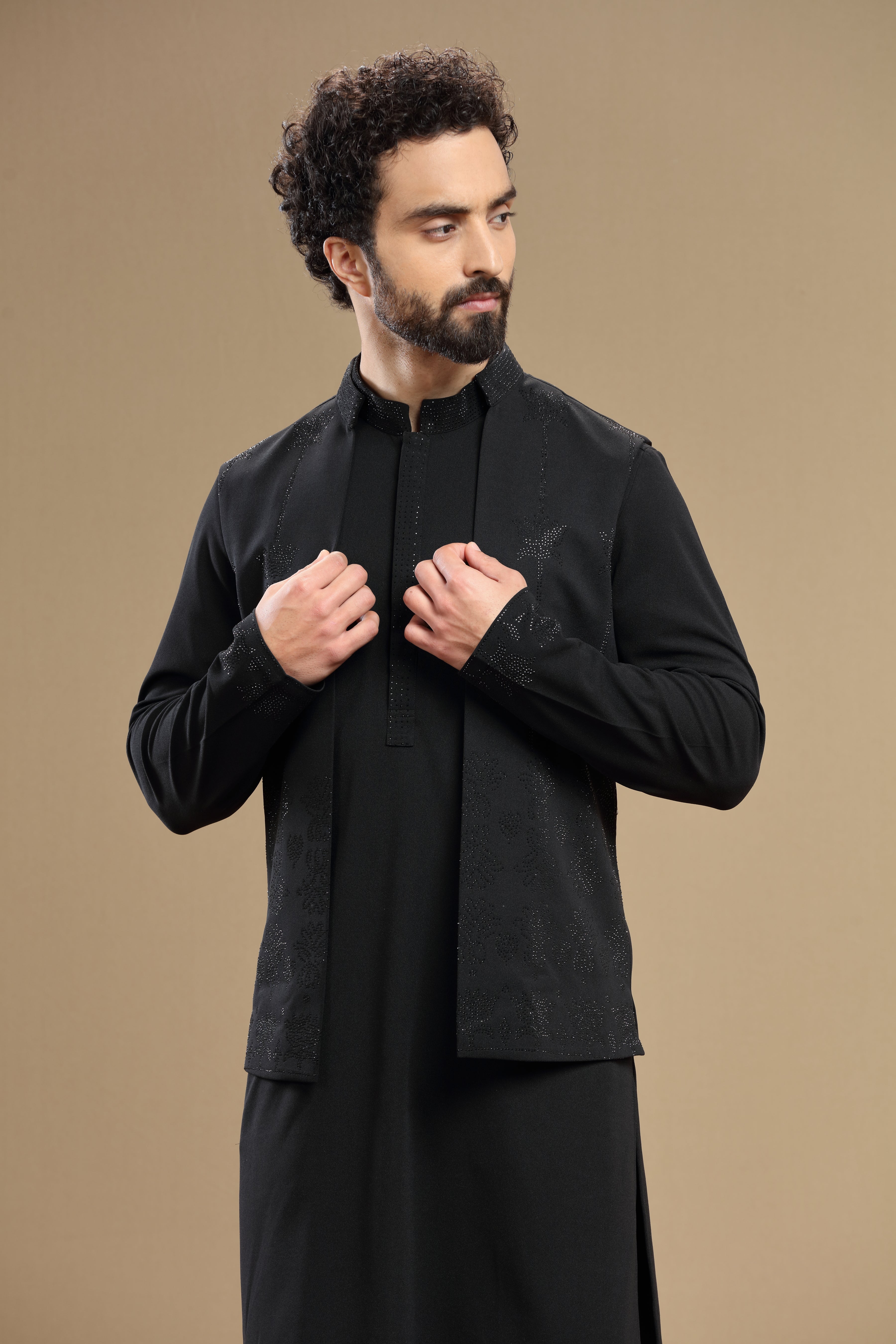 Black Silk Jacket Set With Floral Bead Embroidery - Shreeman