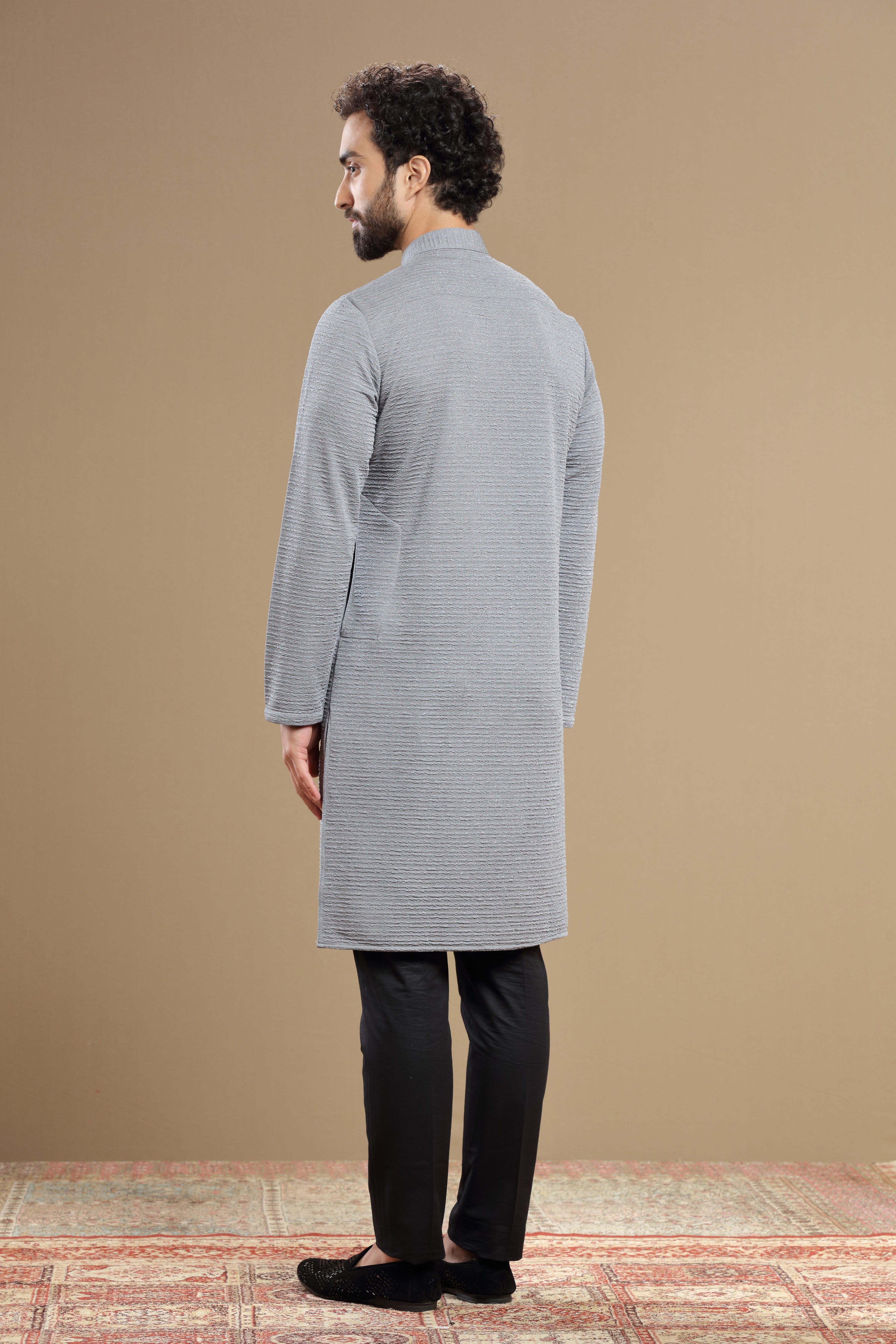 The Elite Grey Silk Textured Kurta For Men - Shreeman