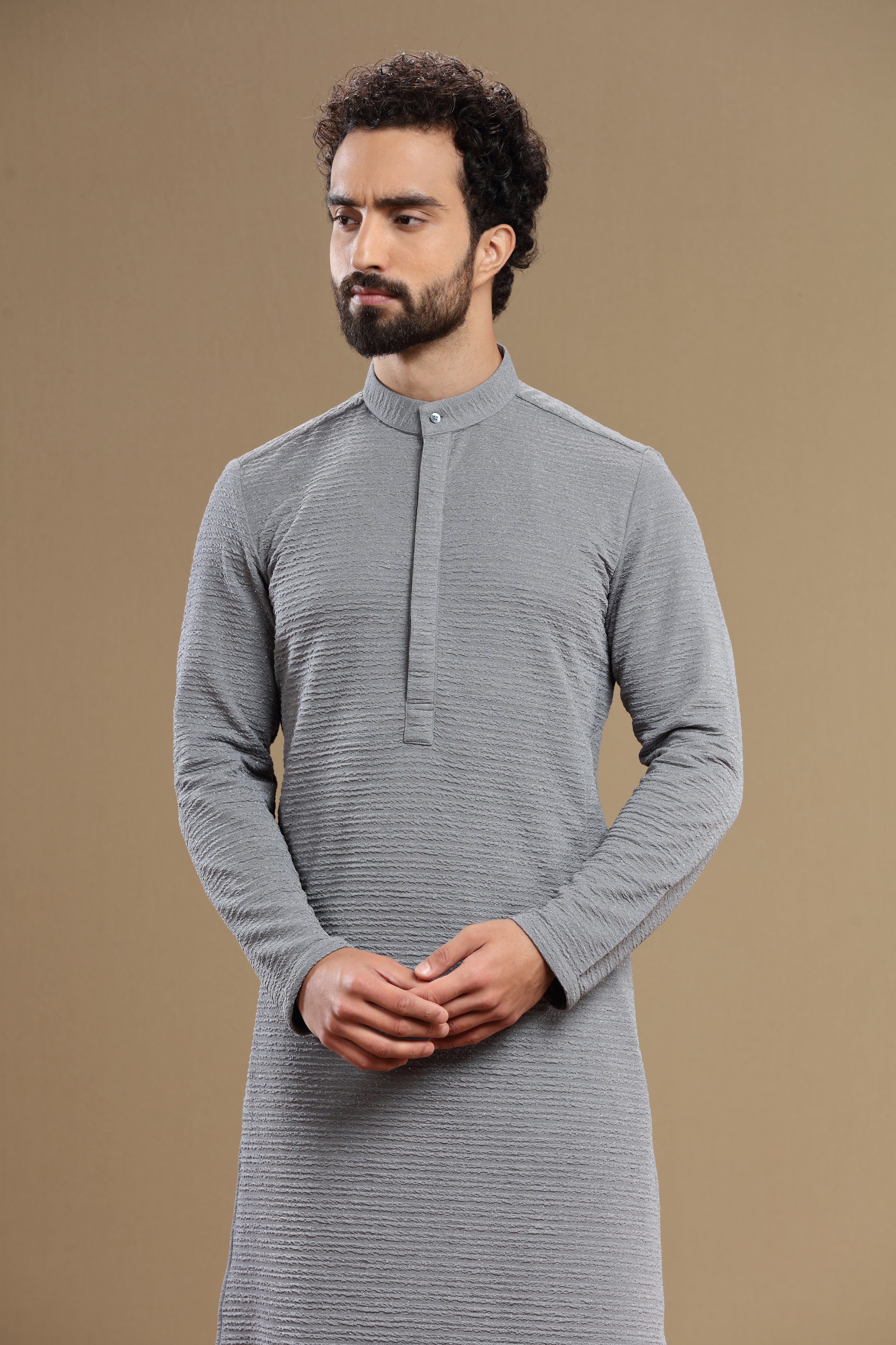 The Elite Grey Silk Textured Kurta For Men - Shreeman