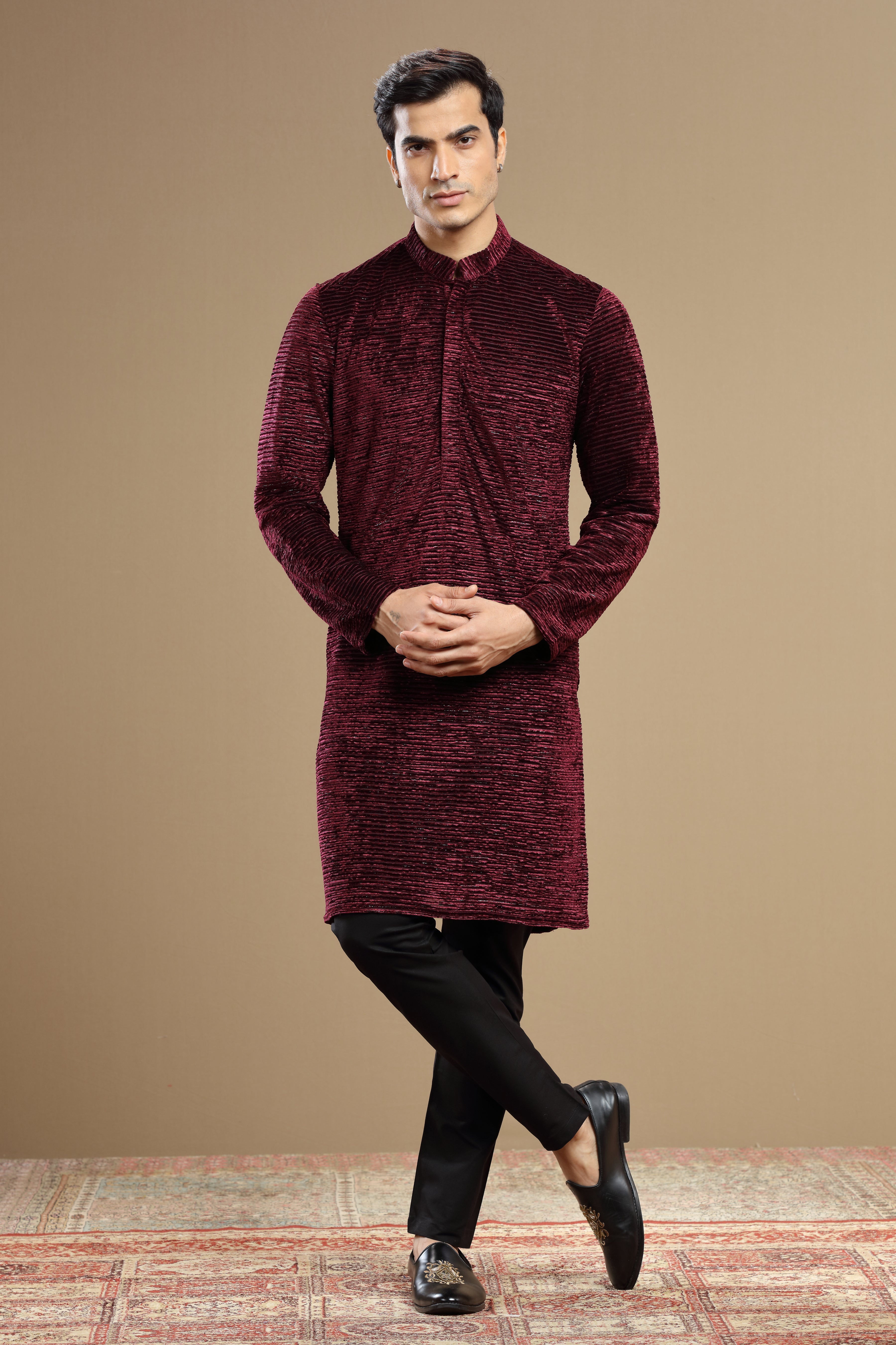 Hand Embroidered Maroon Velvet Kurta With Cutdana Work - Shreeman