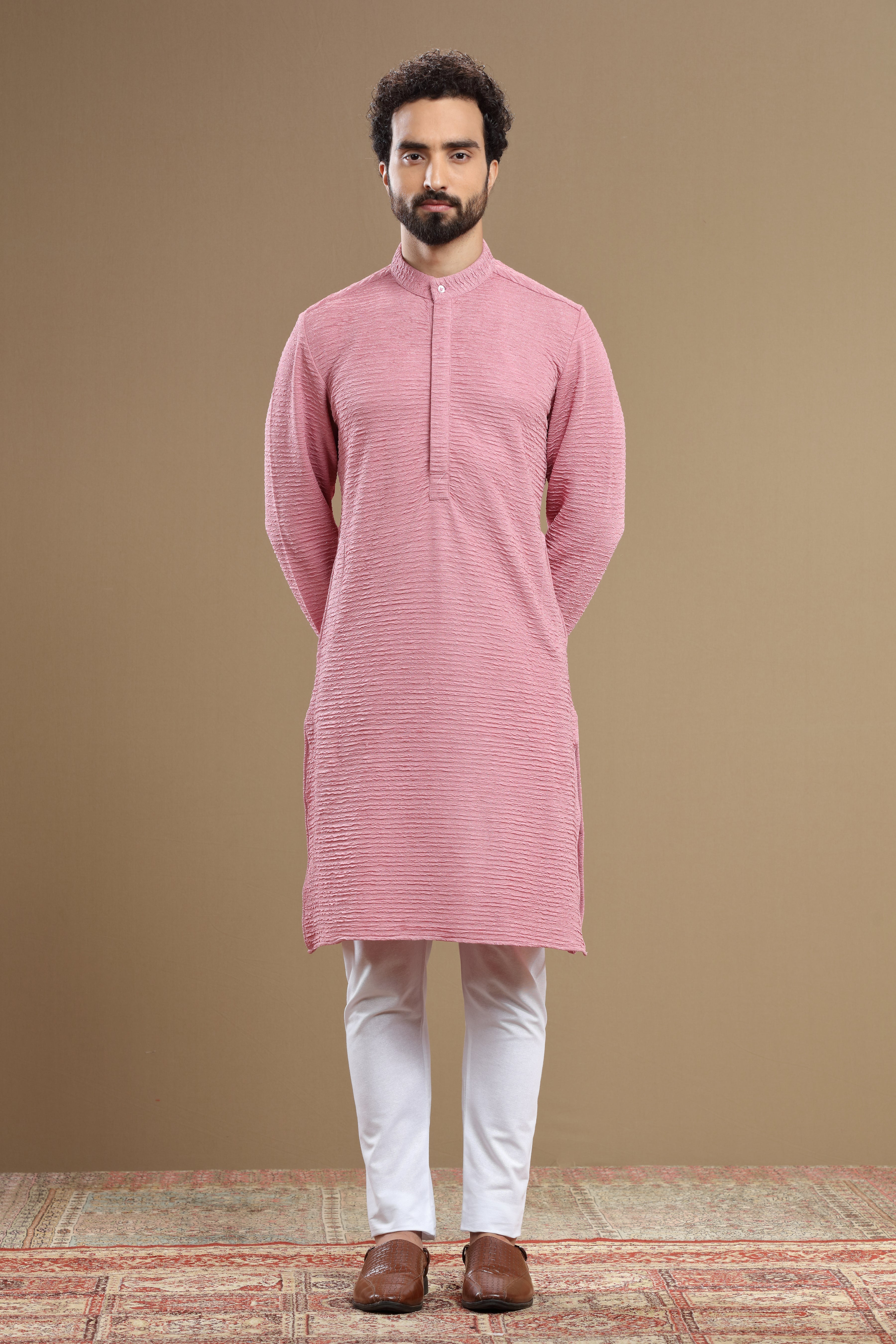 The Designer Pink Silk Textured Kurta For Men - Shreeman