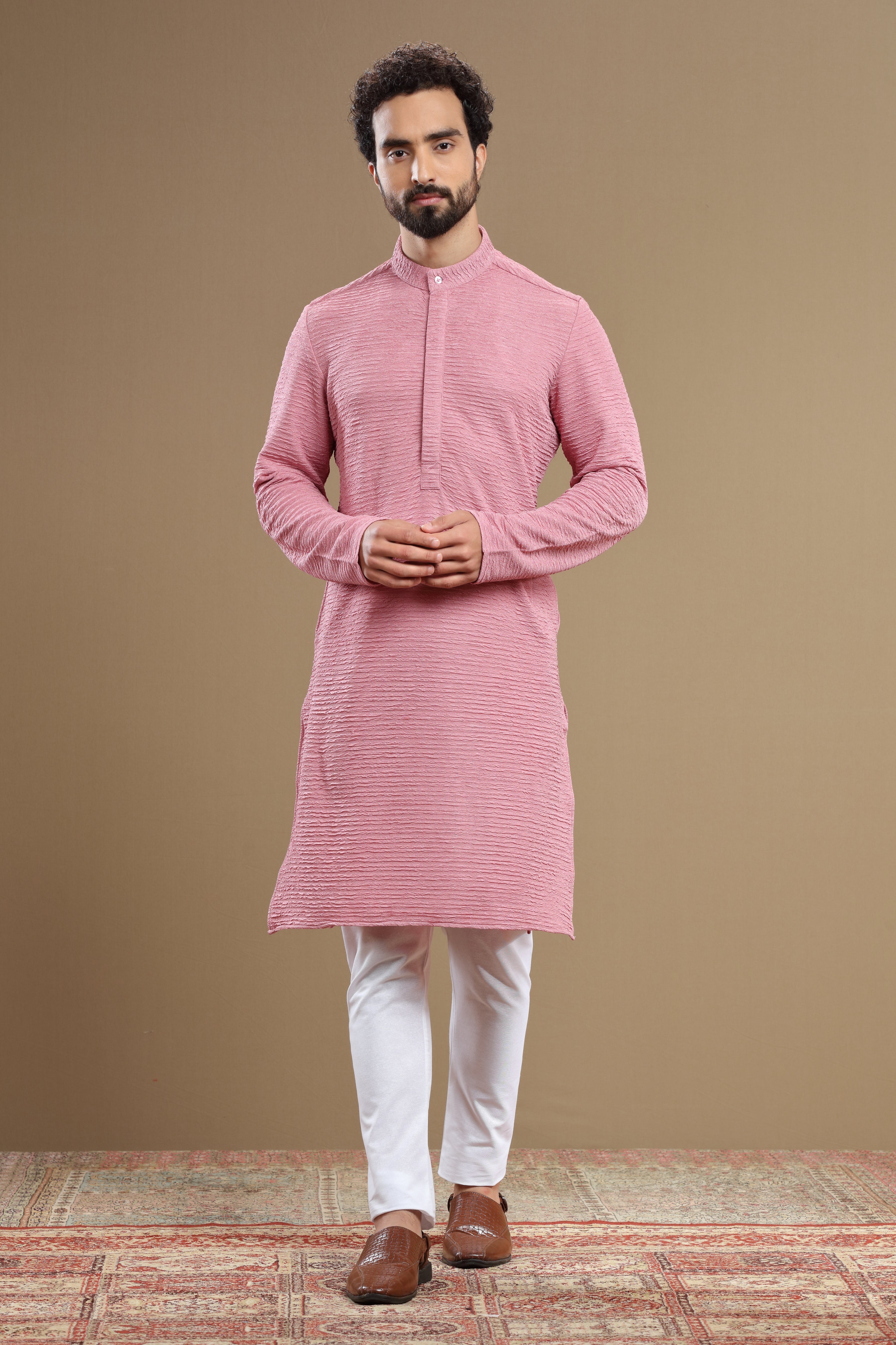 The Designer Pink Silk Textured Kurta For Men - Shreeman