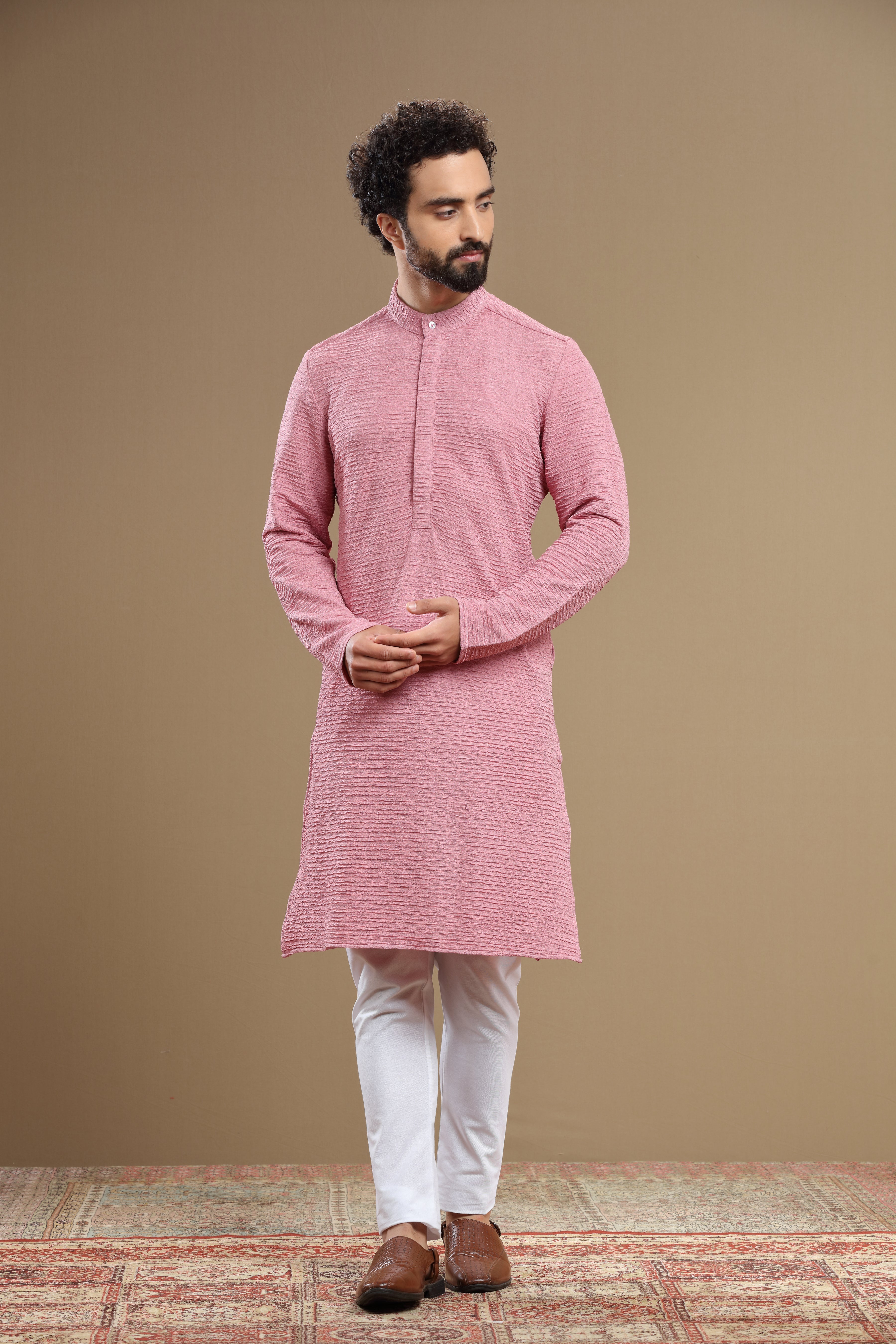 The Designer Pink Silk Textured Kurta For Men - Shreeman