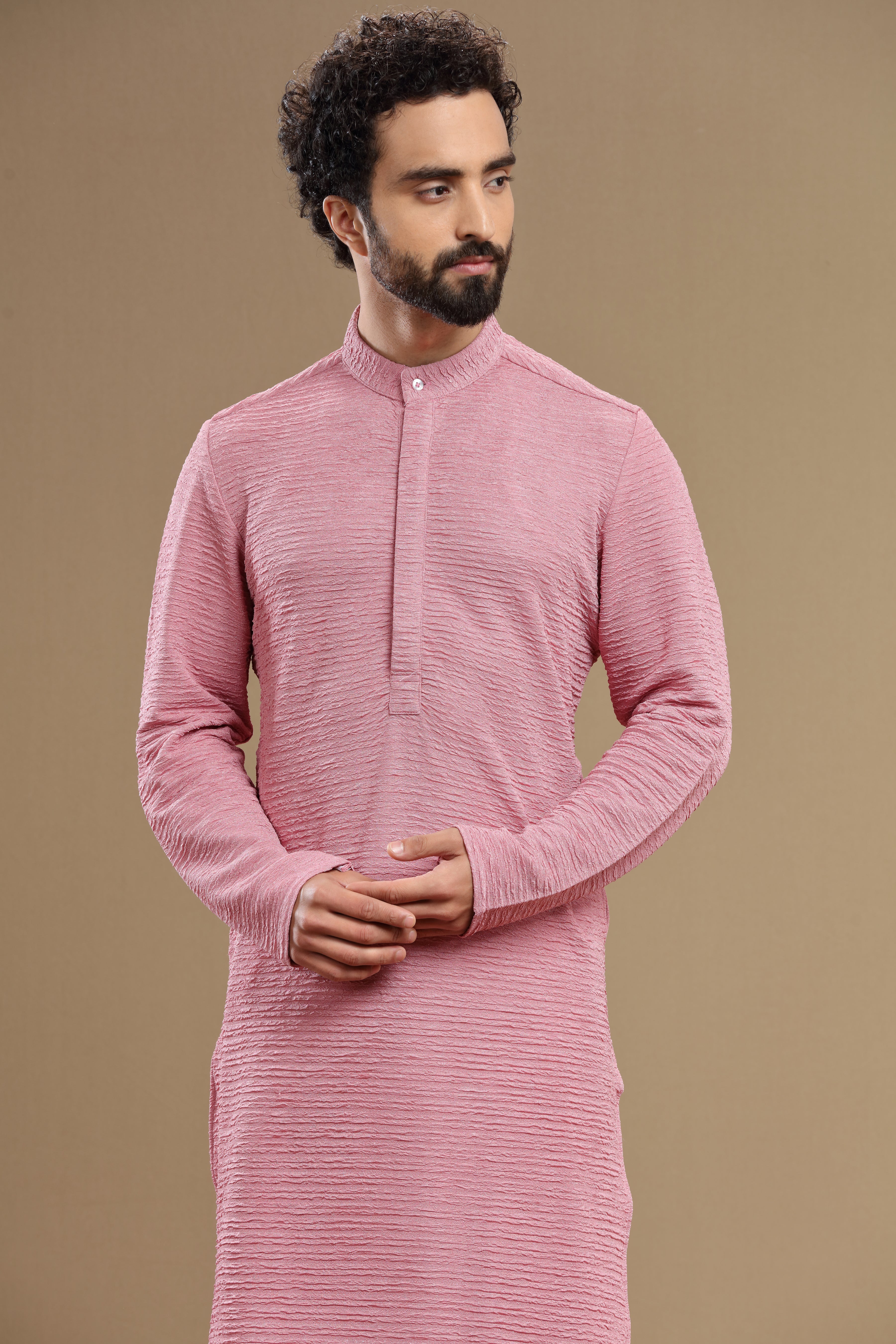 The Designer Pink Silk Textured Kurta For Men - Shreeman