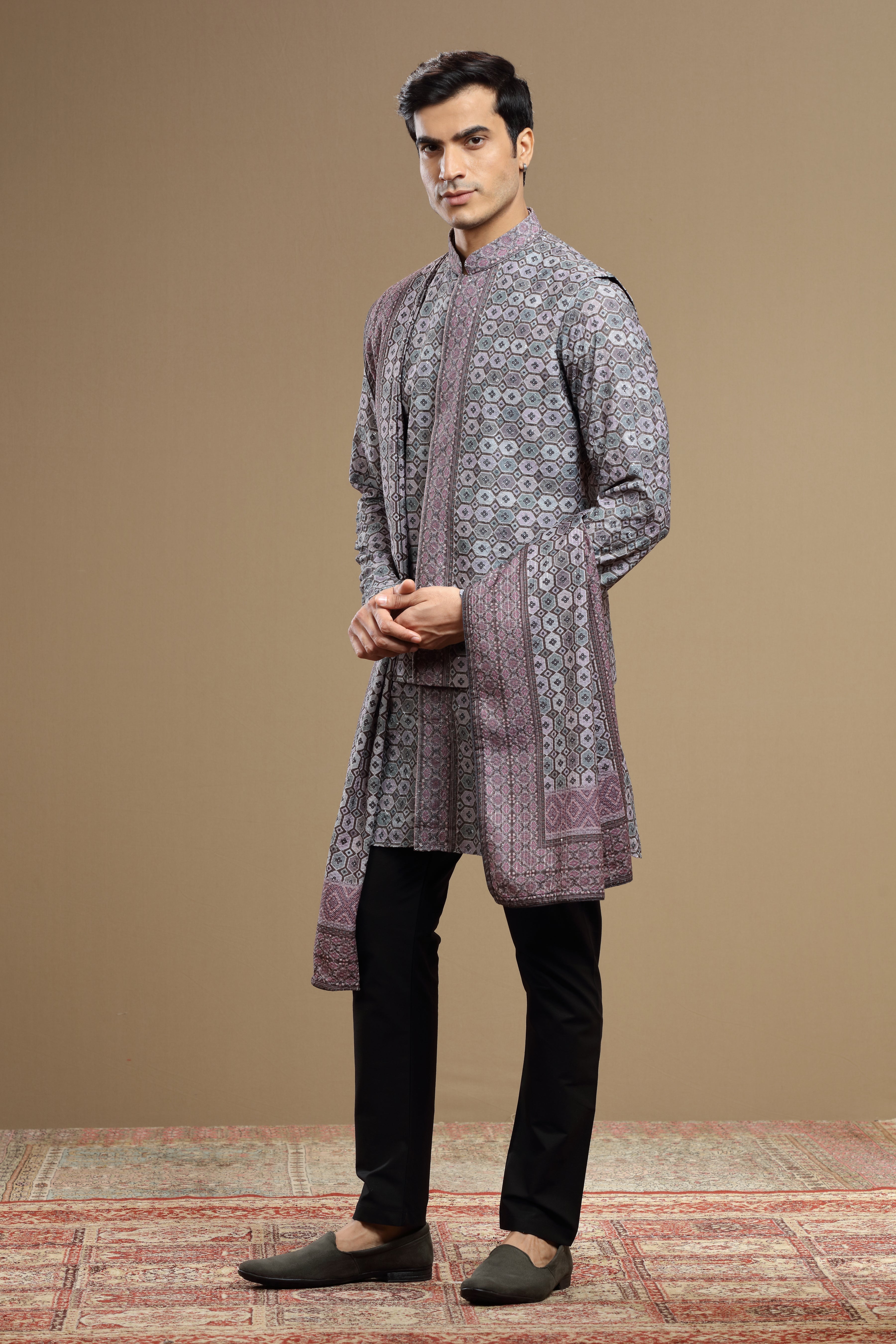 Dark Grey Silk Dupatta Jacket Set With Sequin Work - Shreeman