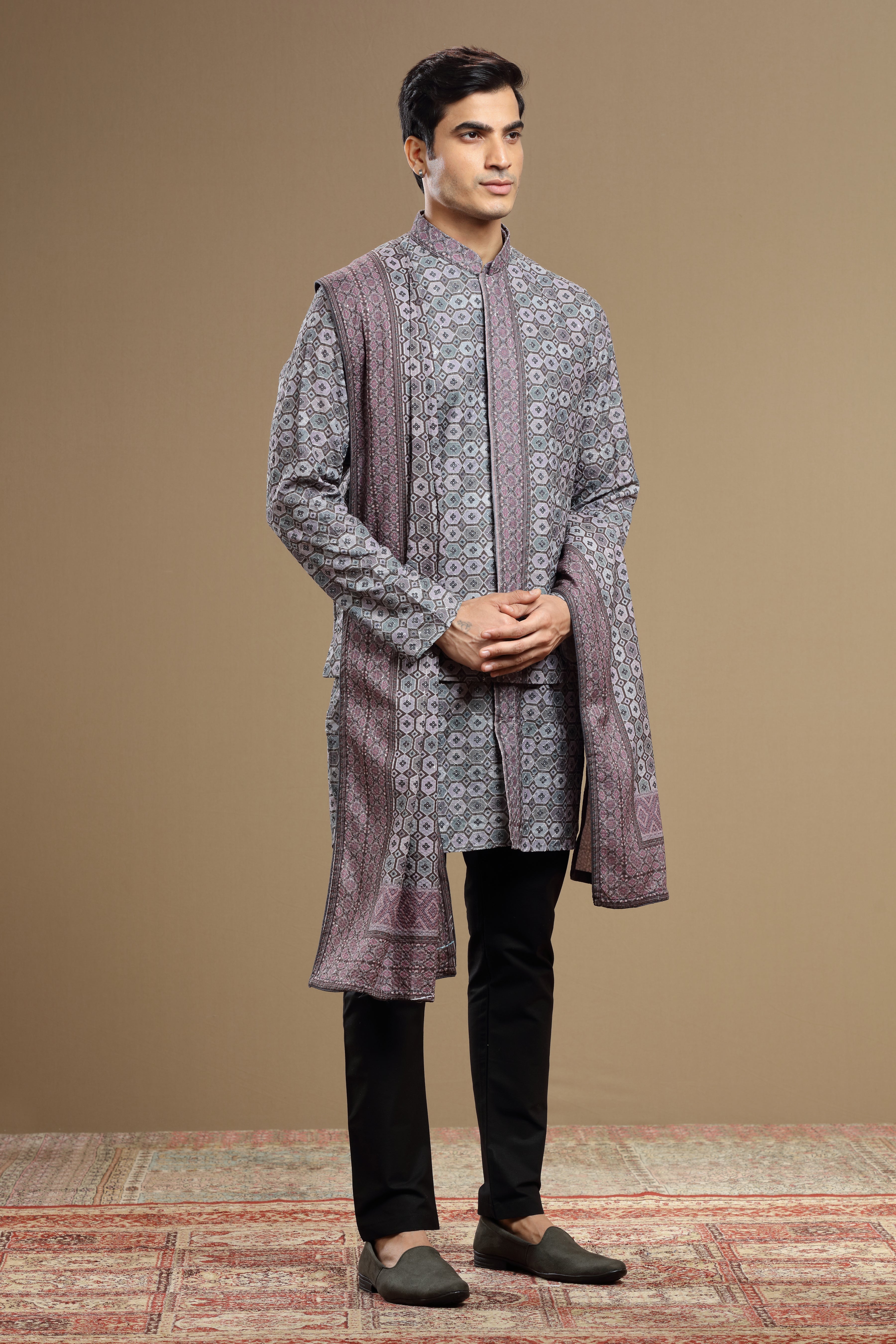 Dark Grey Silk Dupatta Jacket Set With Sequin Work - Shreeman
