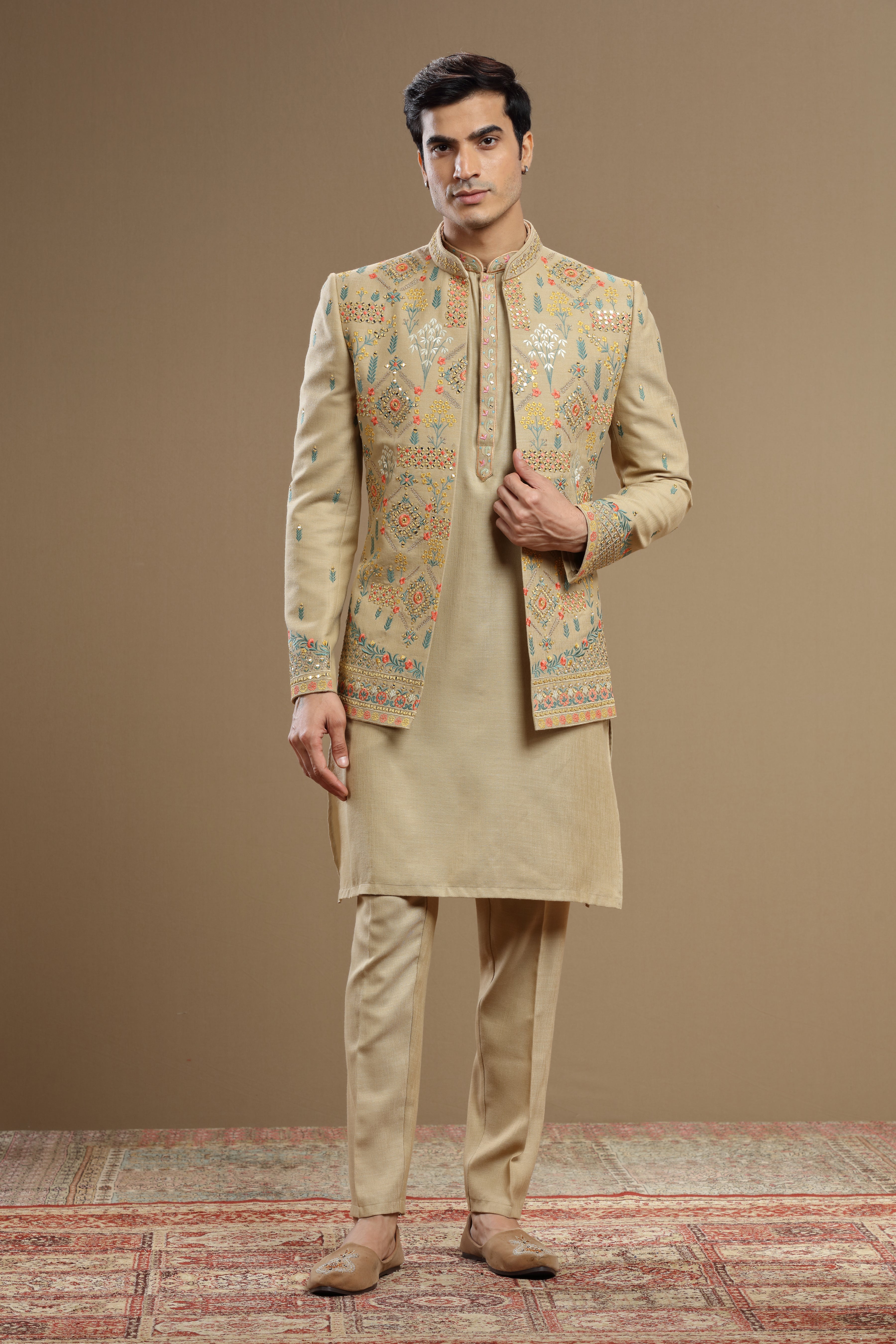 Beige embroidered silk open jacket - Shreeman