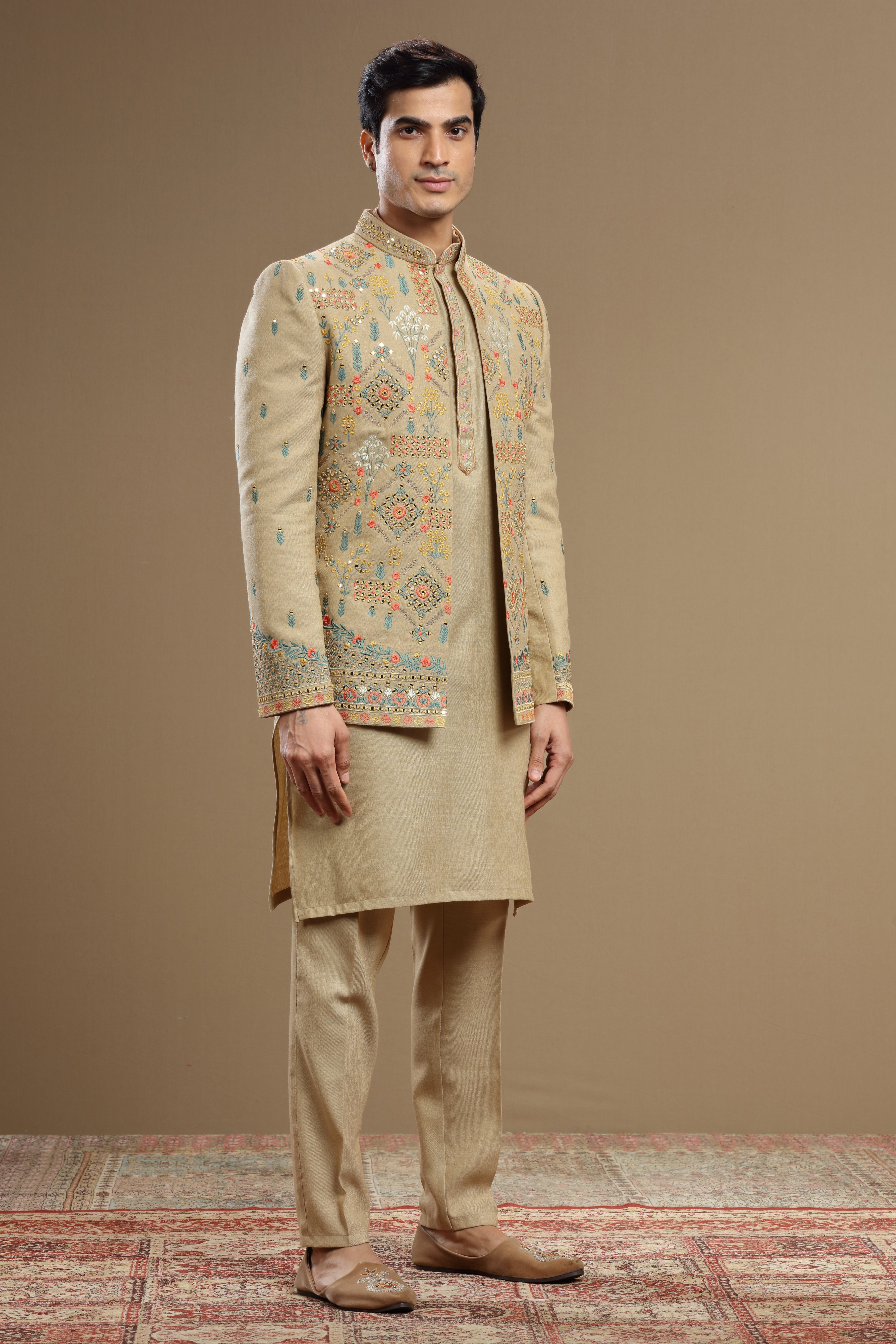 Beige embroidered silk open jacket - Shreeman