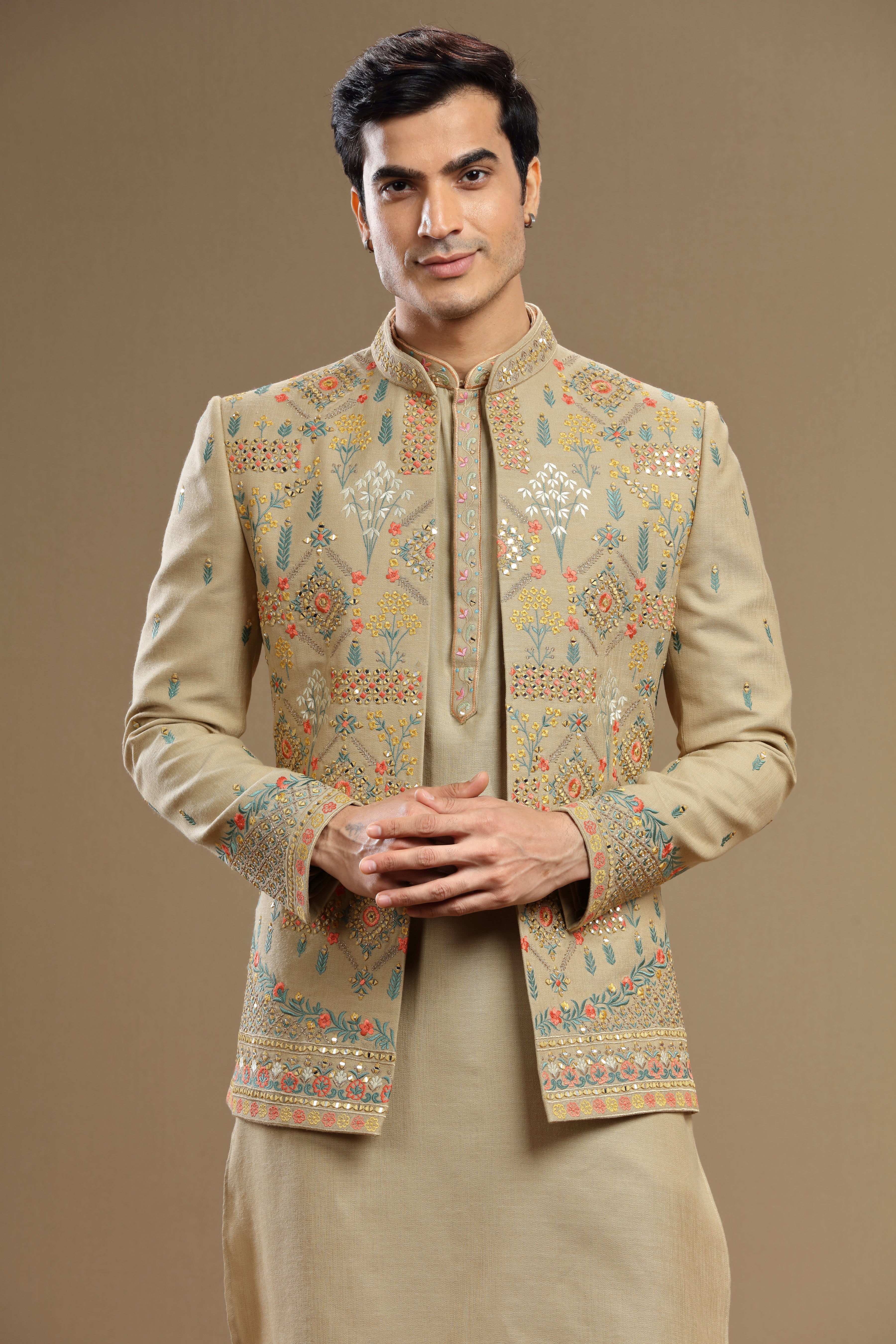 Beige embroidered silk open jacket - Shreeman