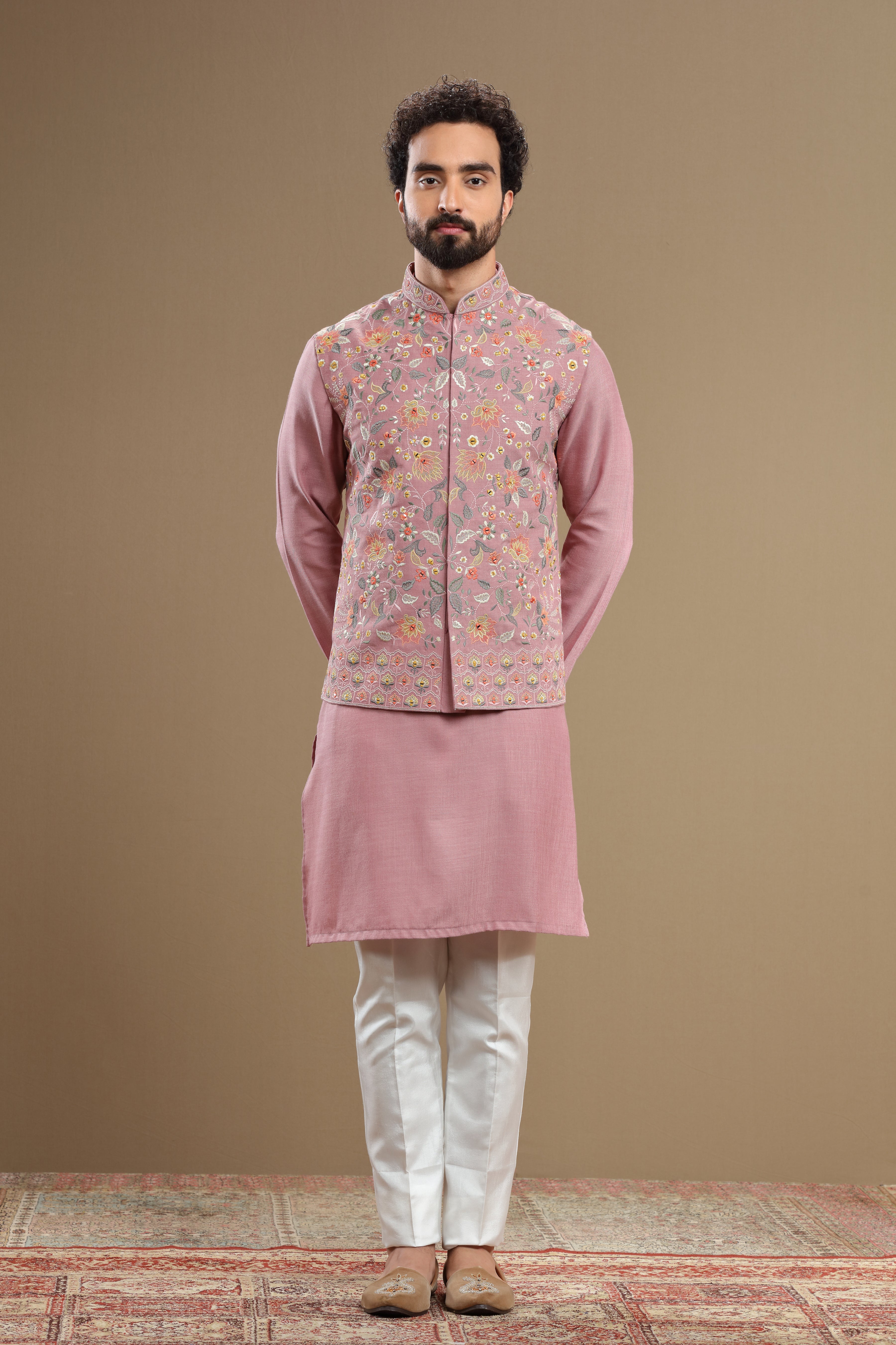 Pastel Pink floral Silk jacket set - Shreeman