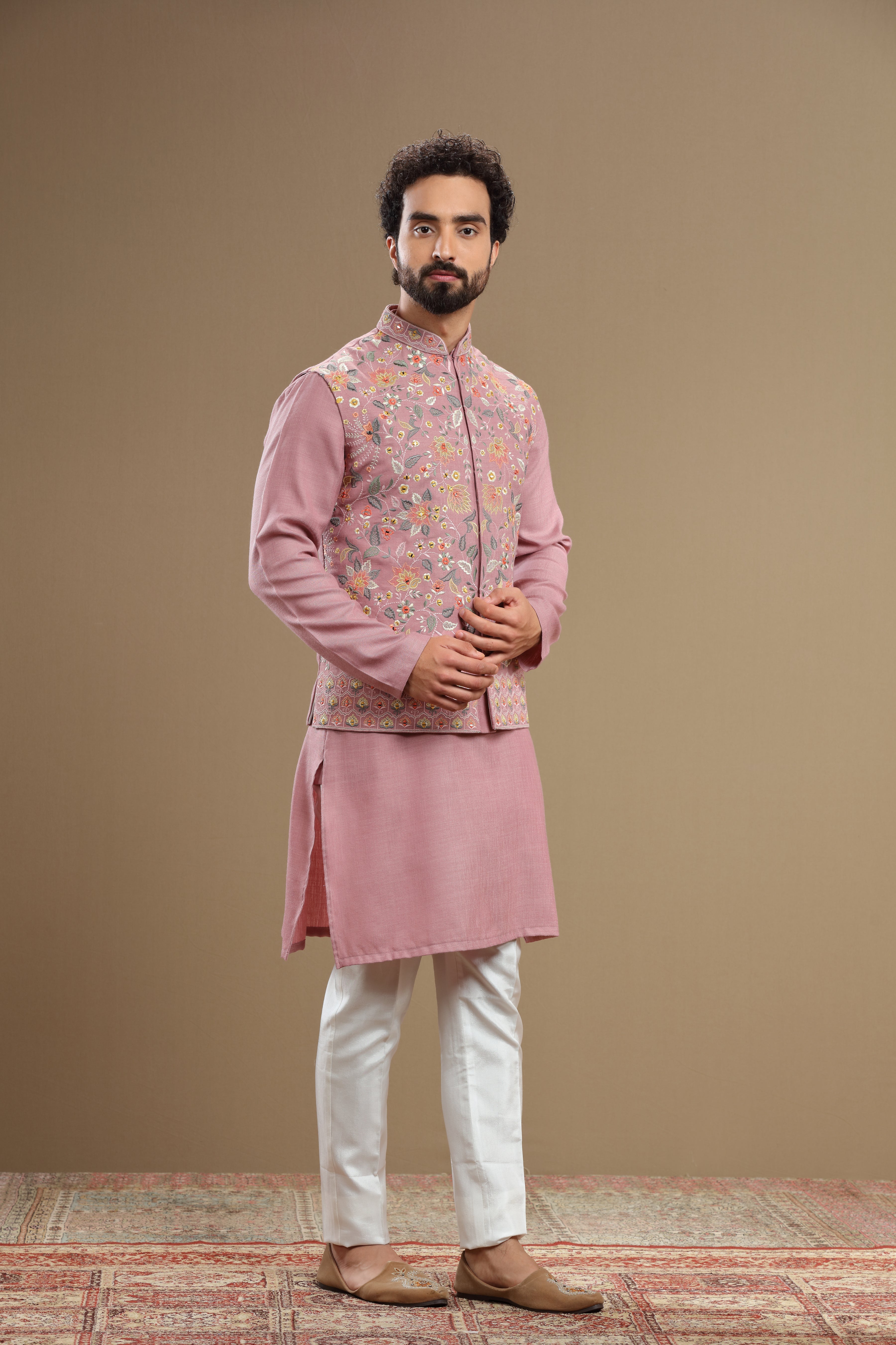 Pastel Pink floral Silk jacket set - Shreeman