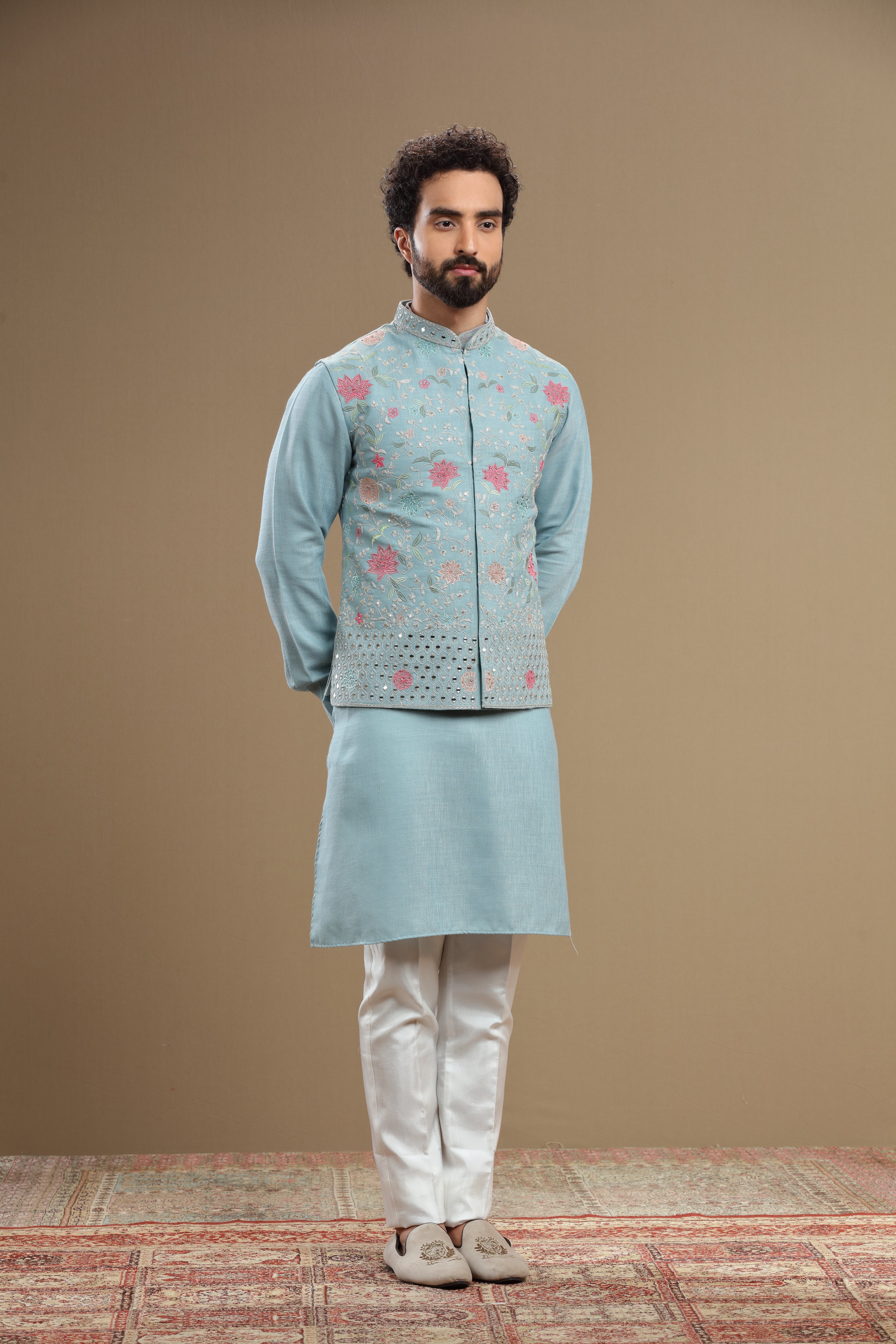 Powder blue Silk jacket set in floral embroidery - Shreeman