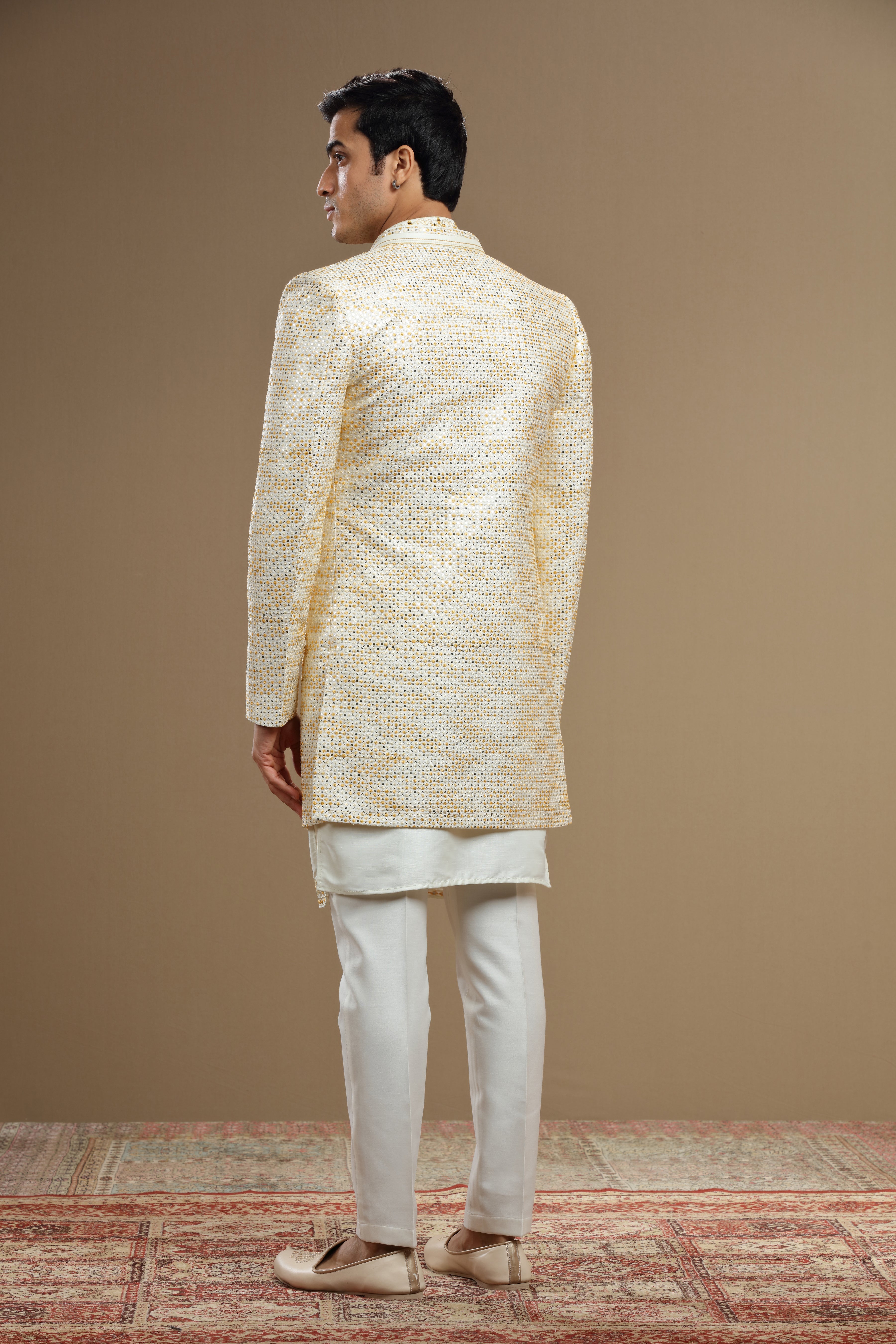 Pastel yellow Silk Embroidered Jacket set - Shreeman