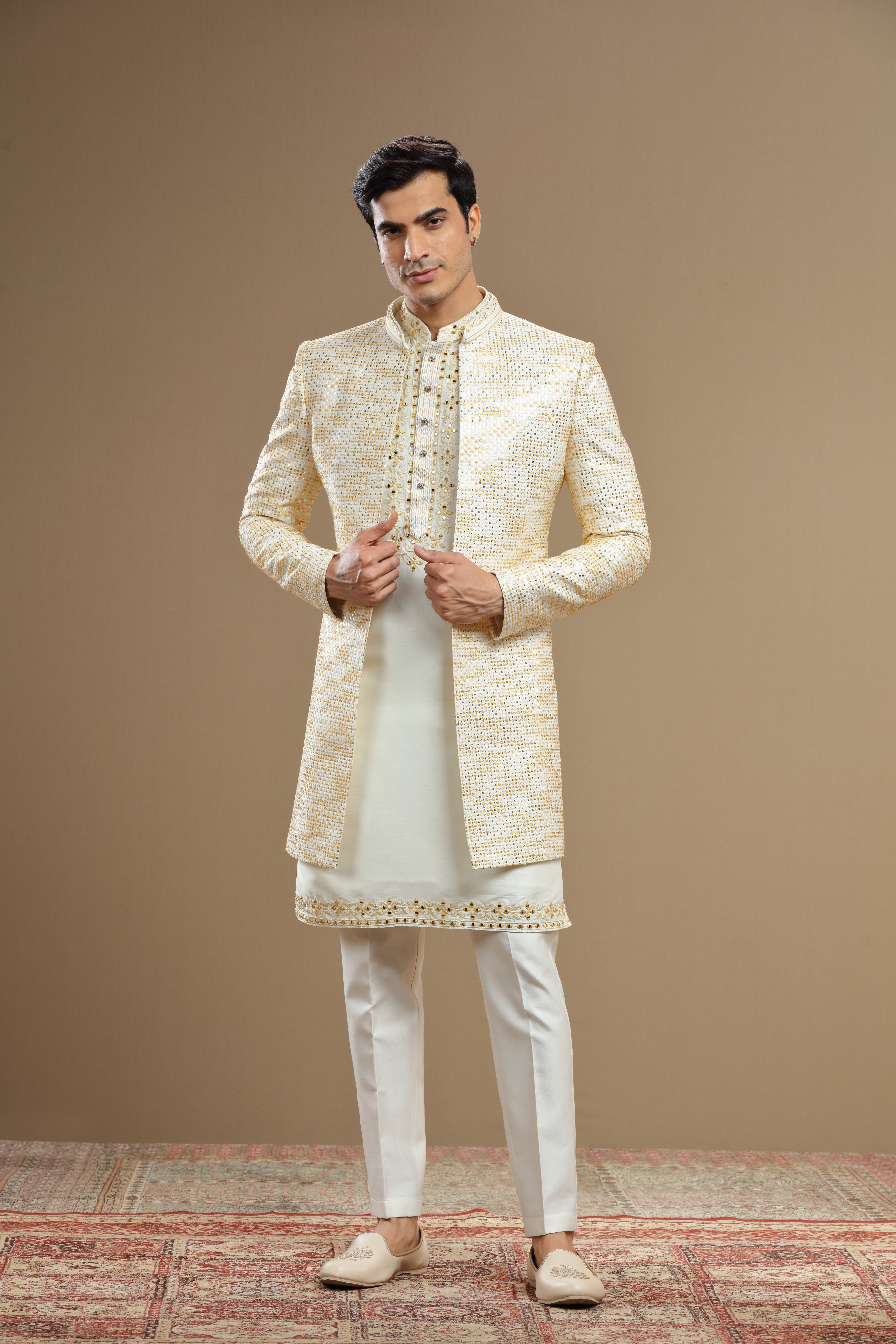 Pastel yellow Silk Embroidered Jacket set - Shreeman