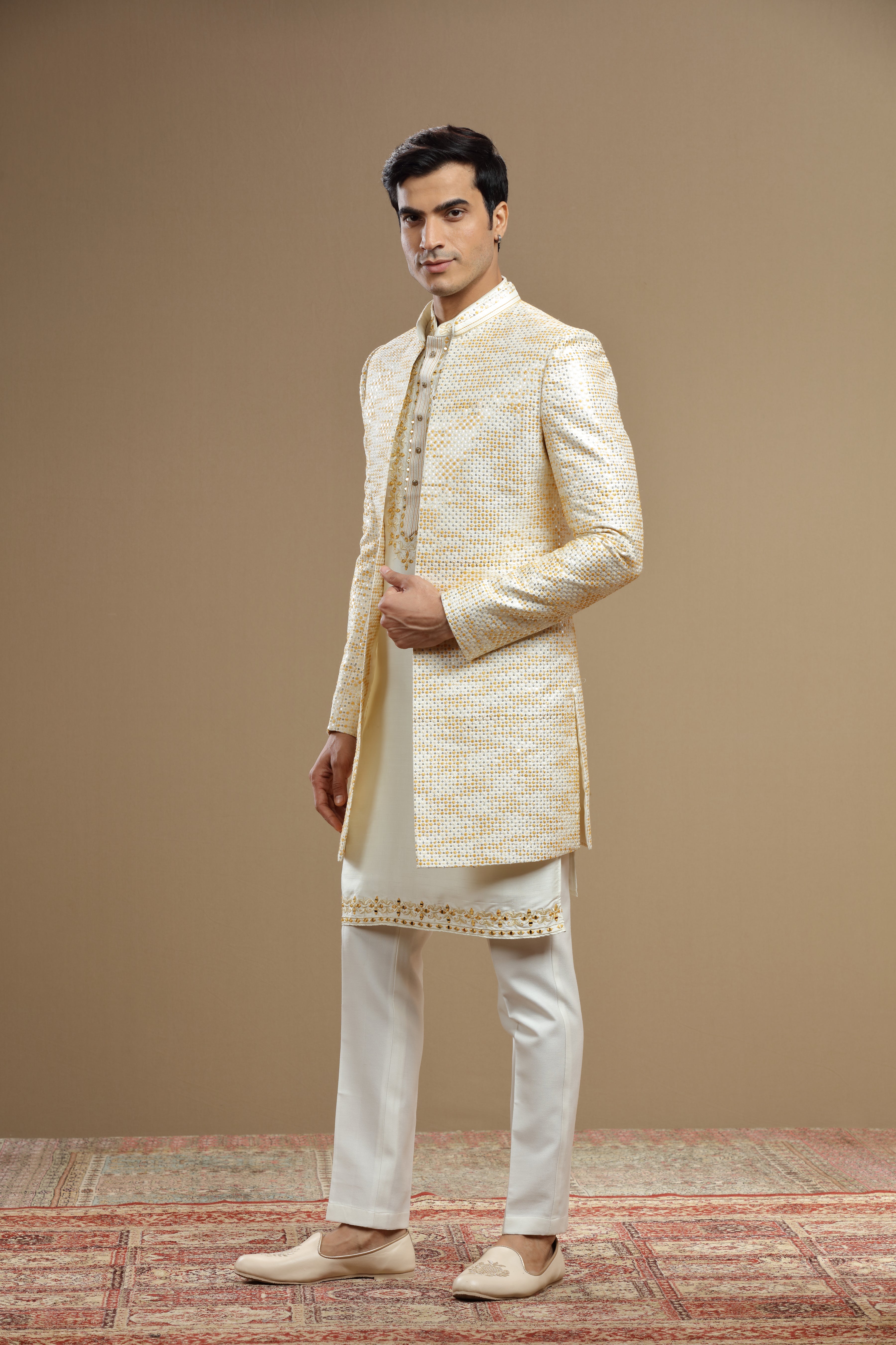 Pastel yellow Silk Embroidered Jacket set - Shreeman