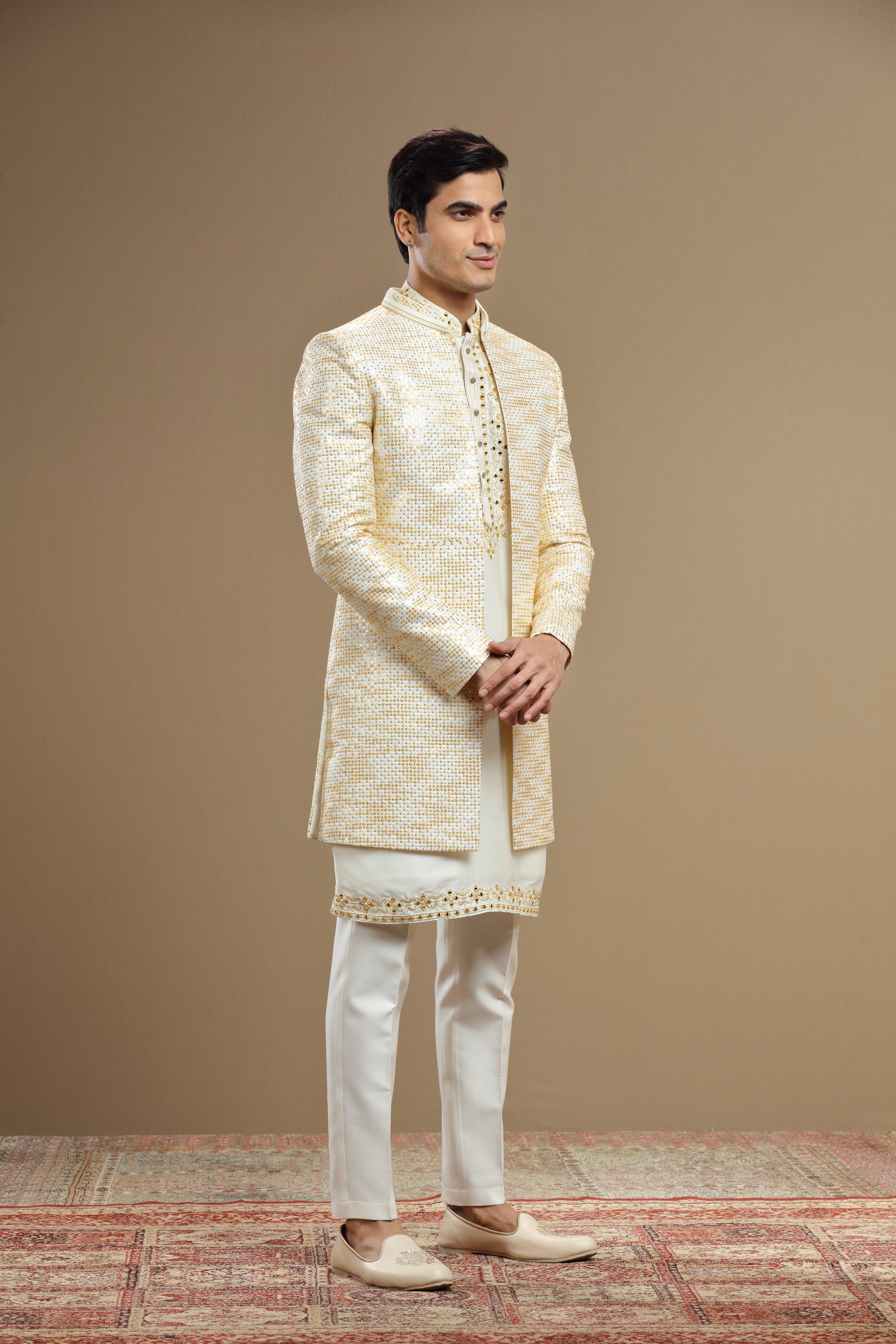 Pastel yellow Silk Embroidered Jacket set - Shreeman