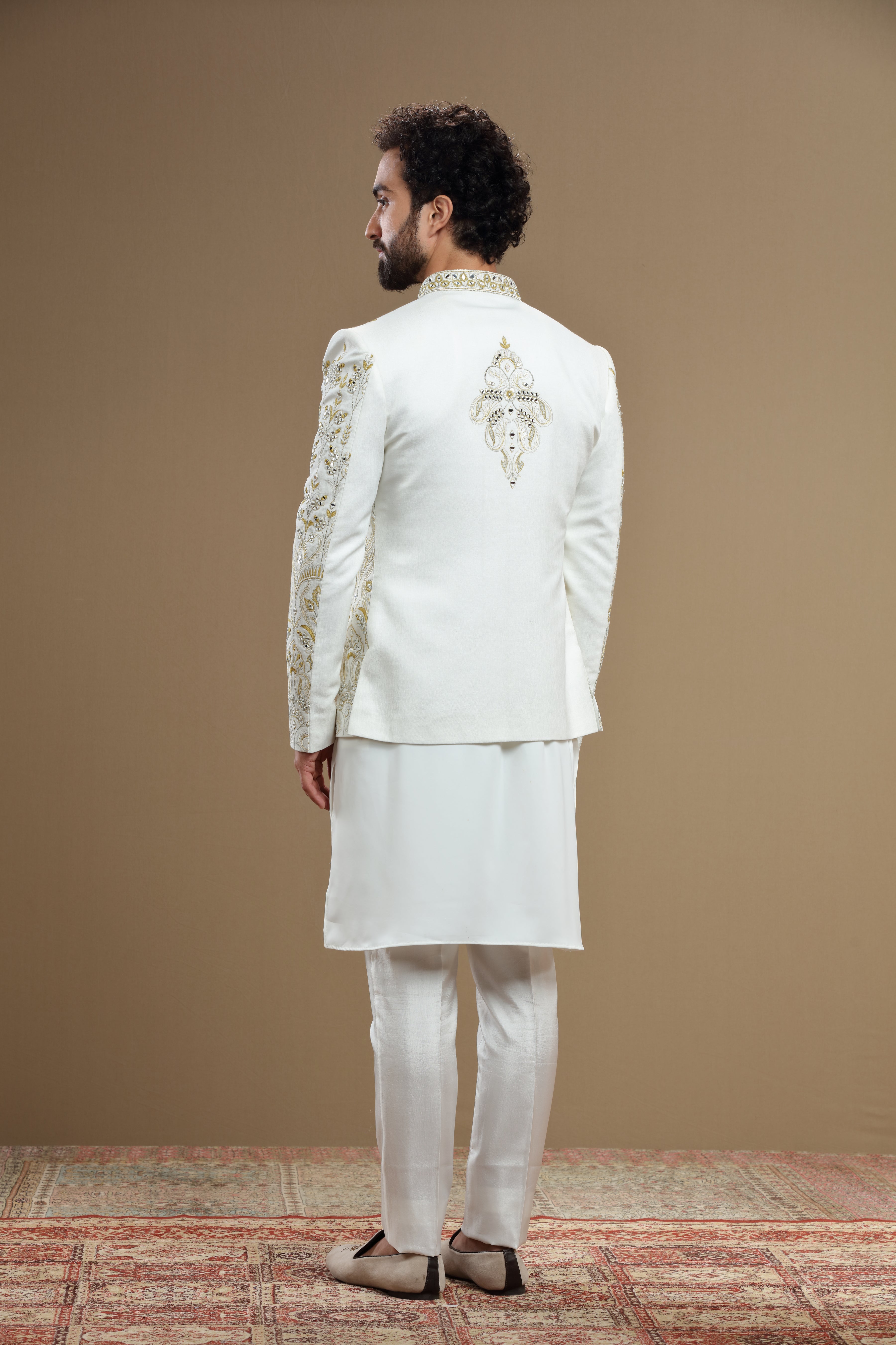Ivory Silk jacket set in floral embroidery - Shreeman