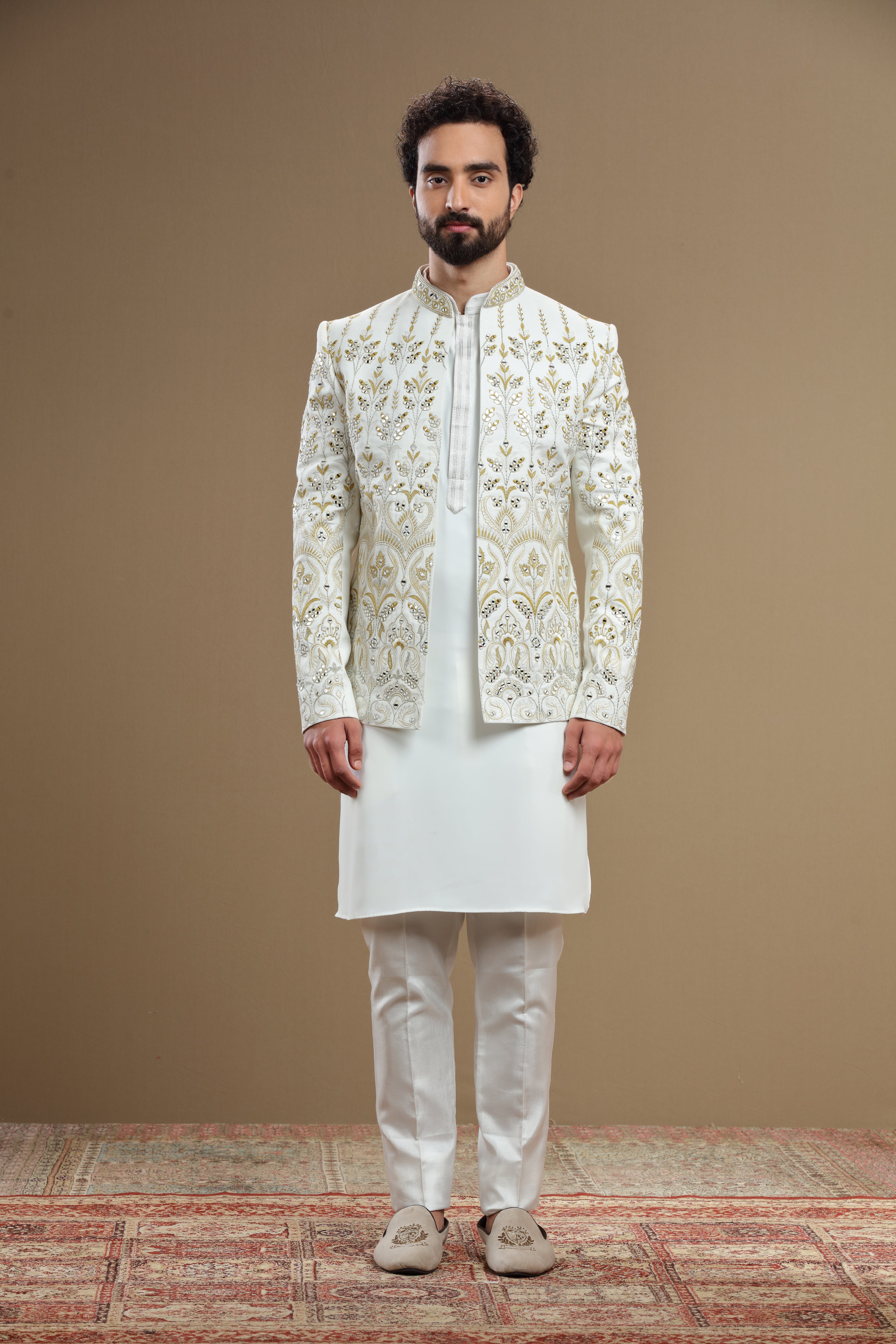 Ivory Silk jacket set in floral embroidery - Shreeman