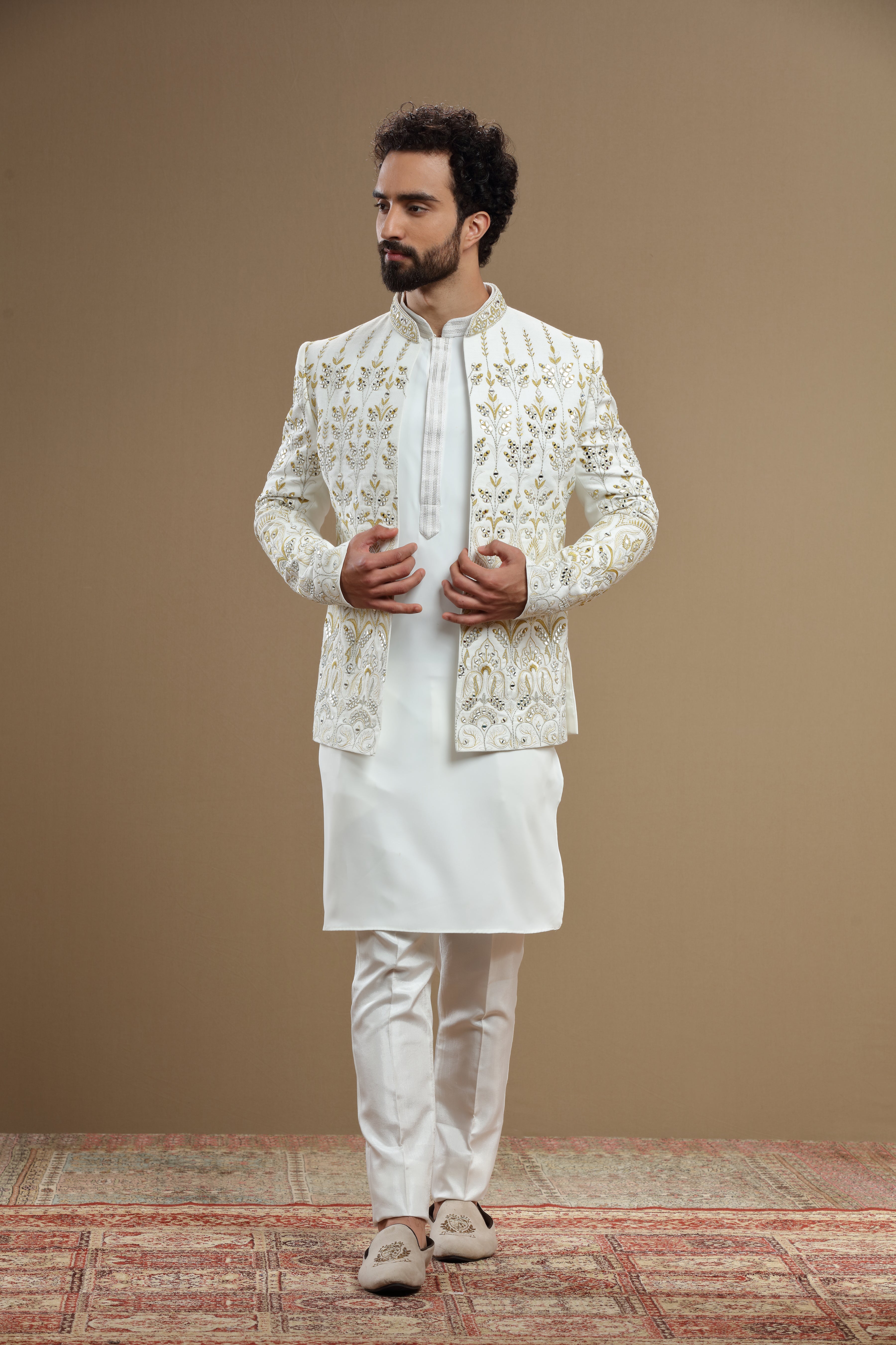 Ivory Silk jacket set in floral embroidery - Shreeman