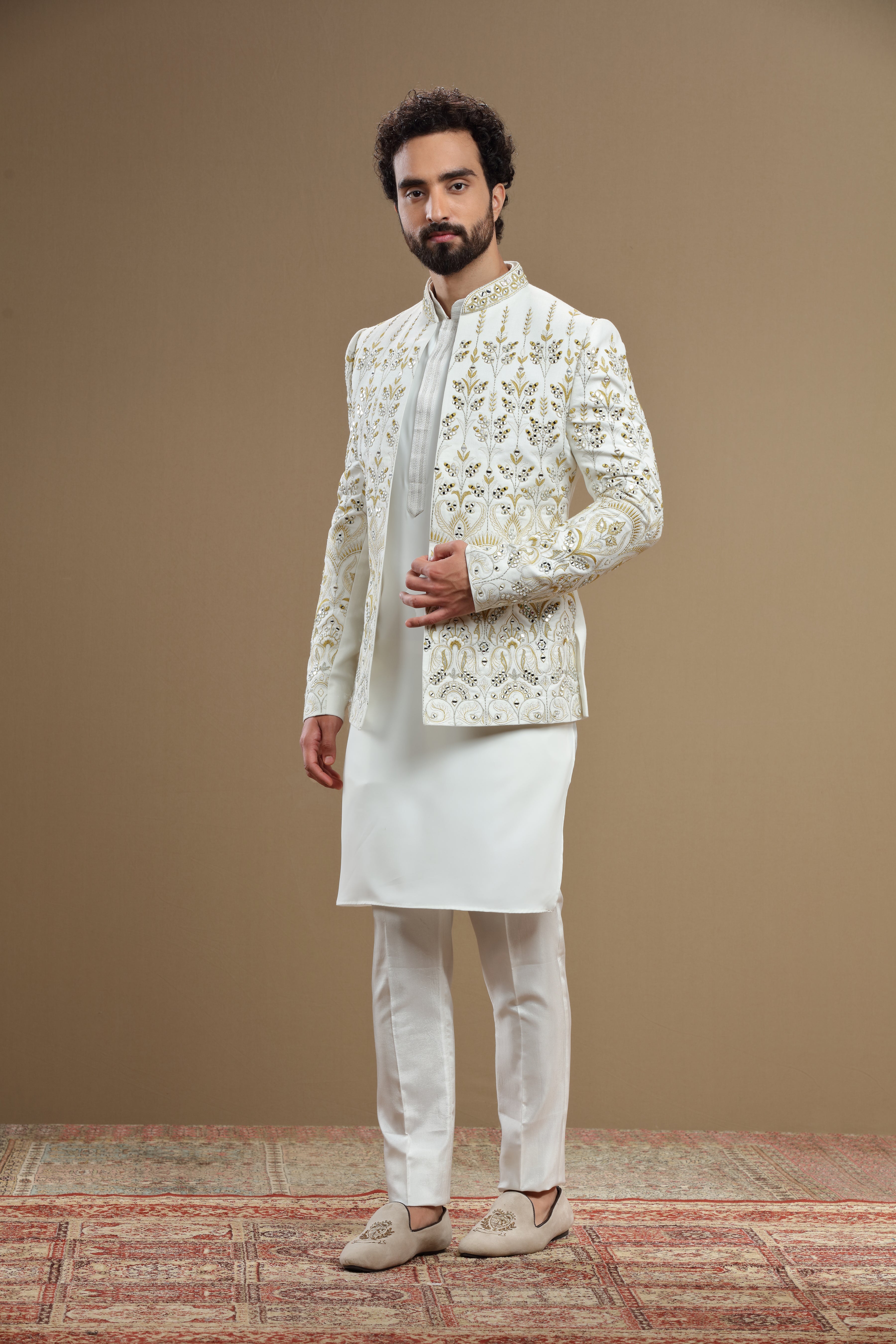 Ivory Silk jacket set in floral embroidery - Shreeman
