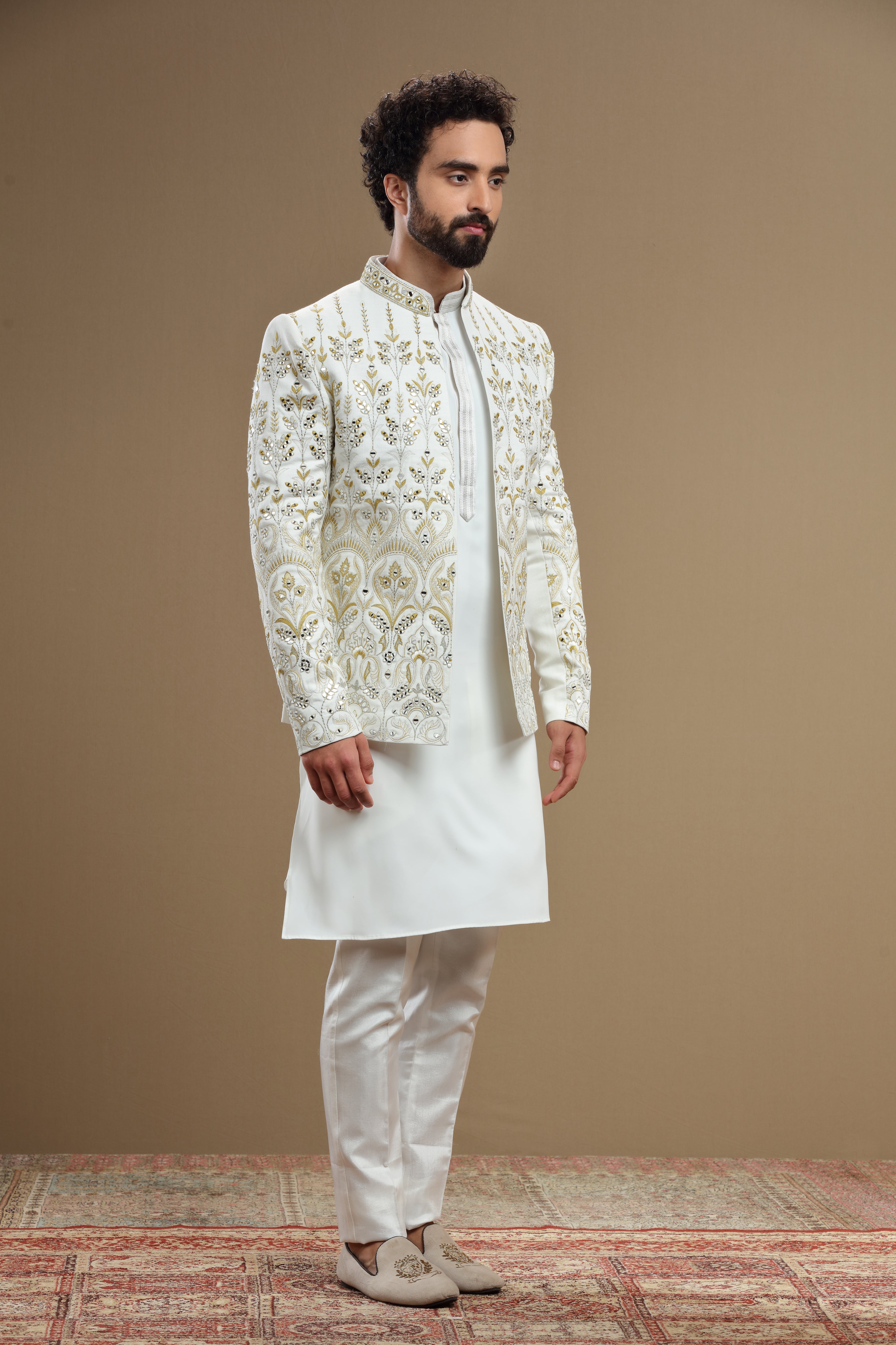 Ivory Silk jacket set in floral embroidery - Shreeman