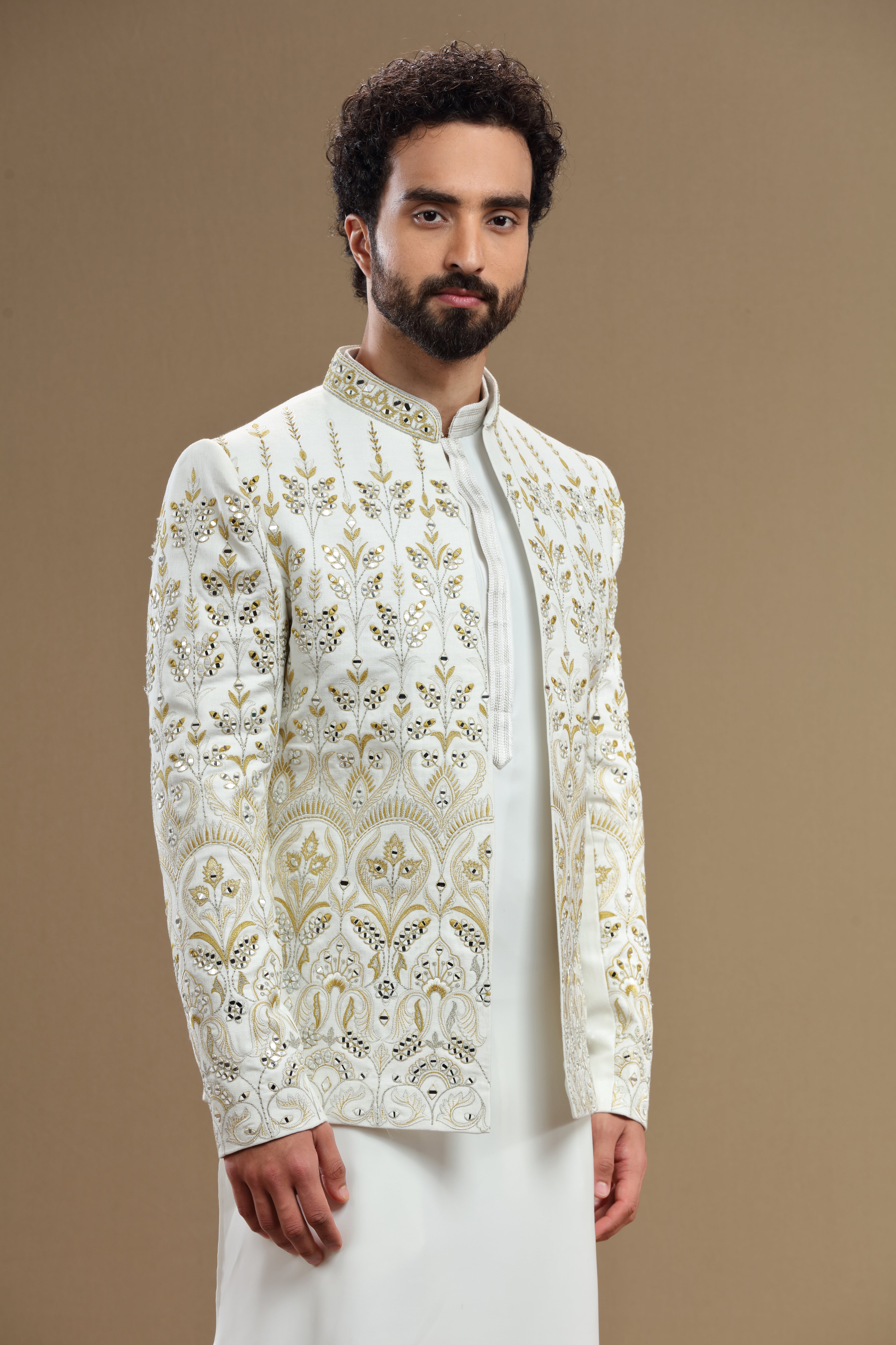 Ivory Silk jacket set in floral embroidery - Shreeman