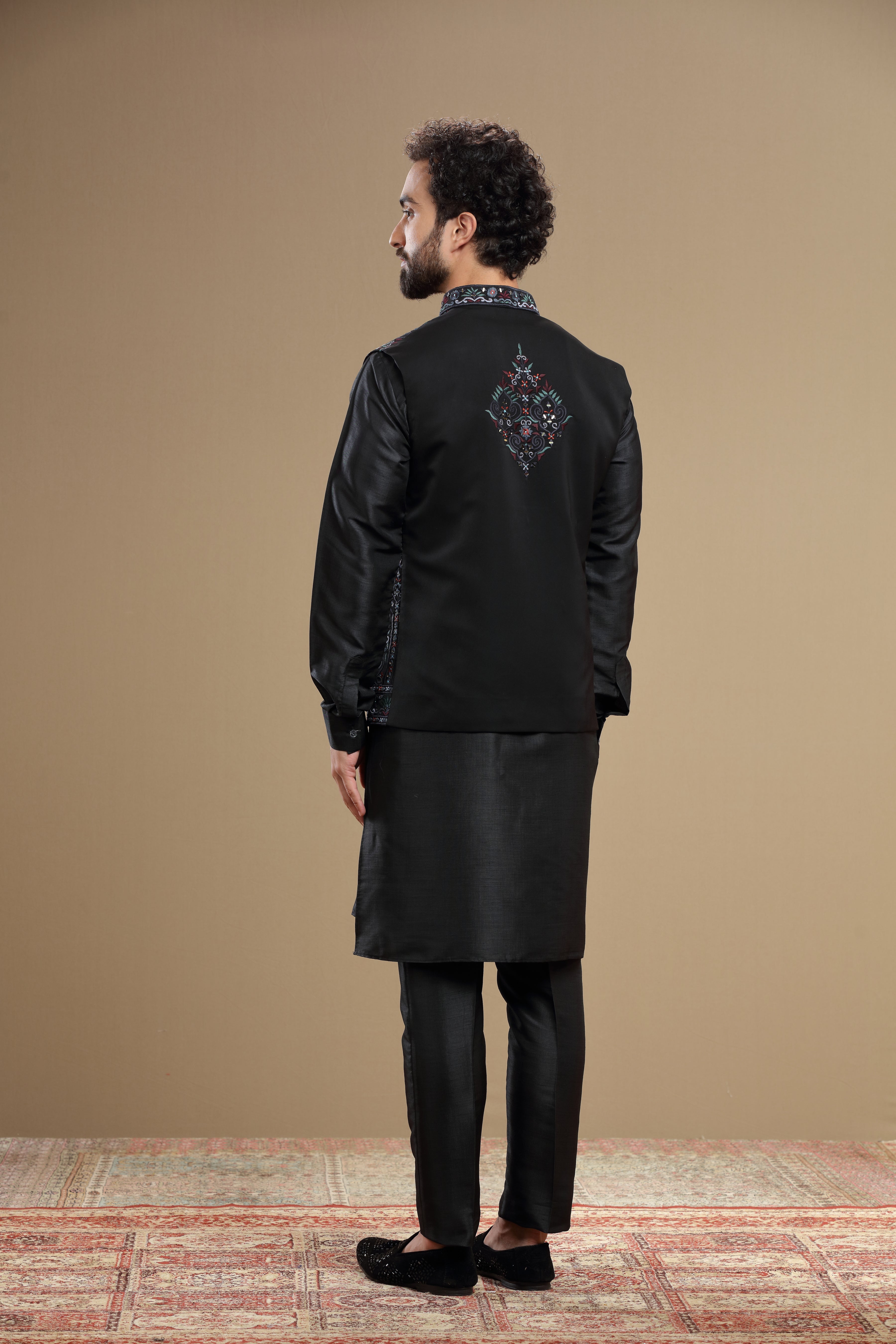 Black Silk jacket set with floral embroidery - Shreeman