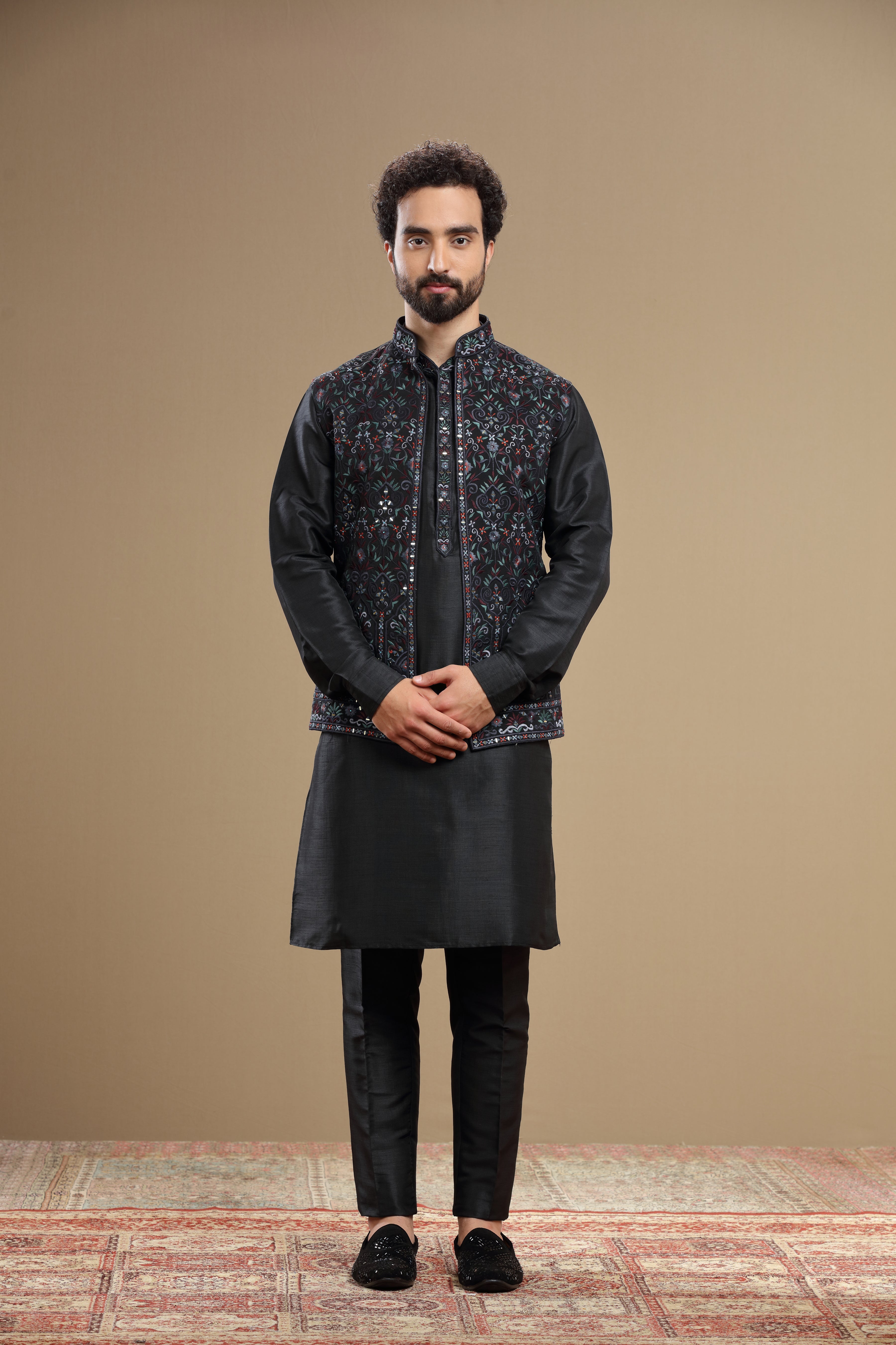 Black Silk jacket set with floral embroidery - Shreeman