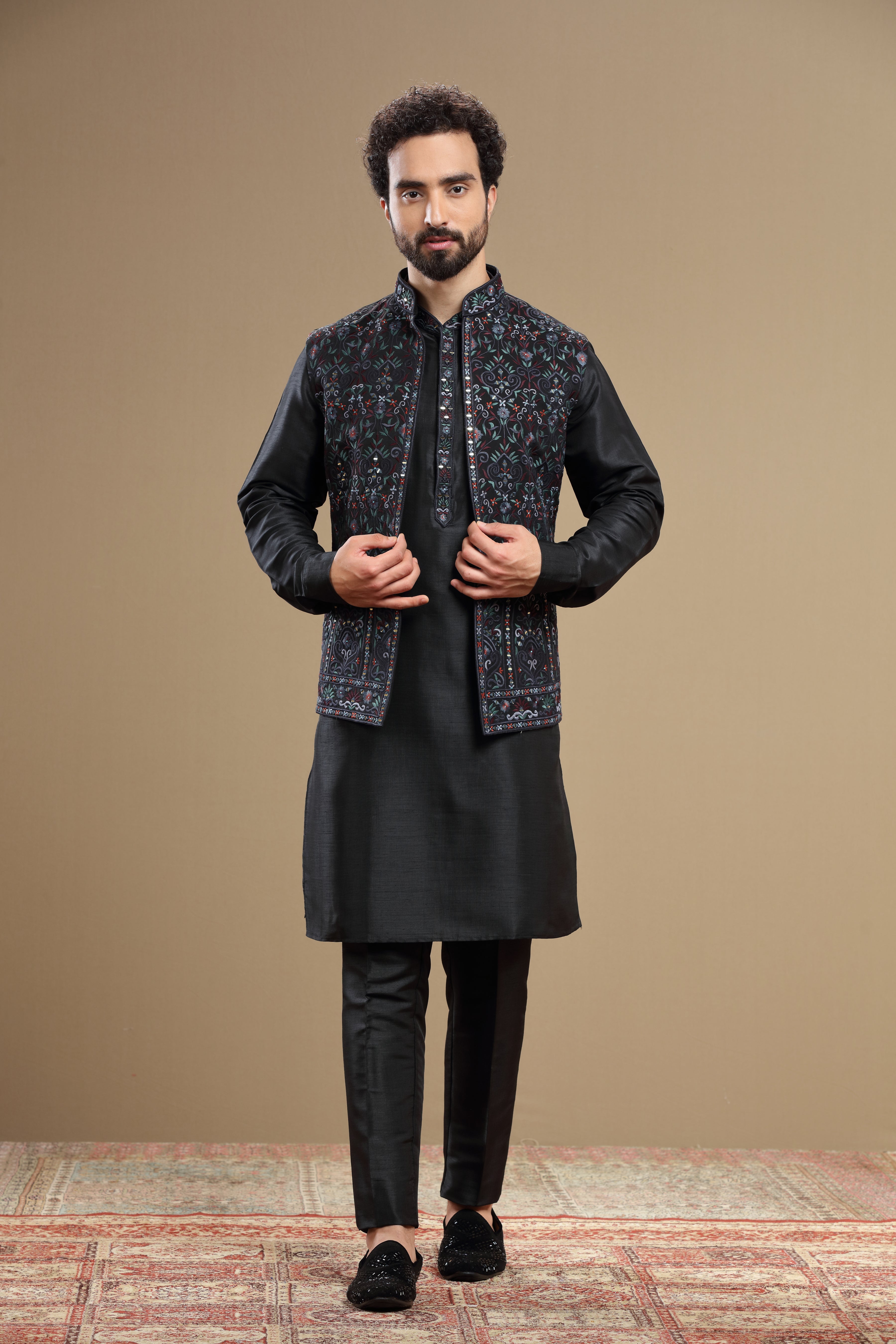 Black Silk jacket set with floral embroidery - Shreeman