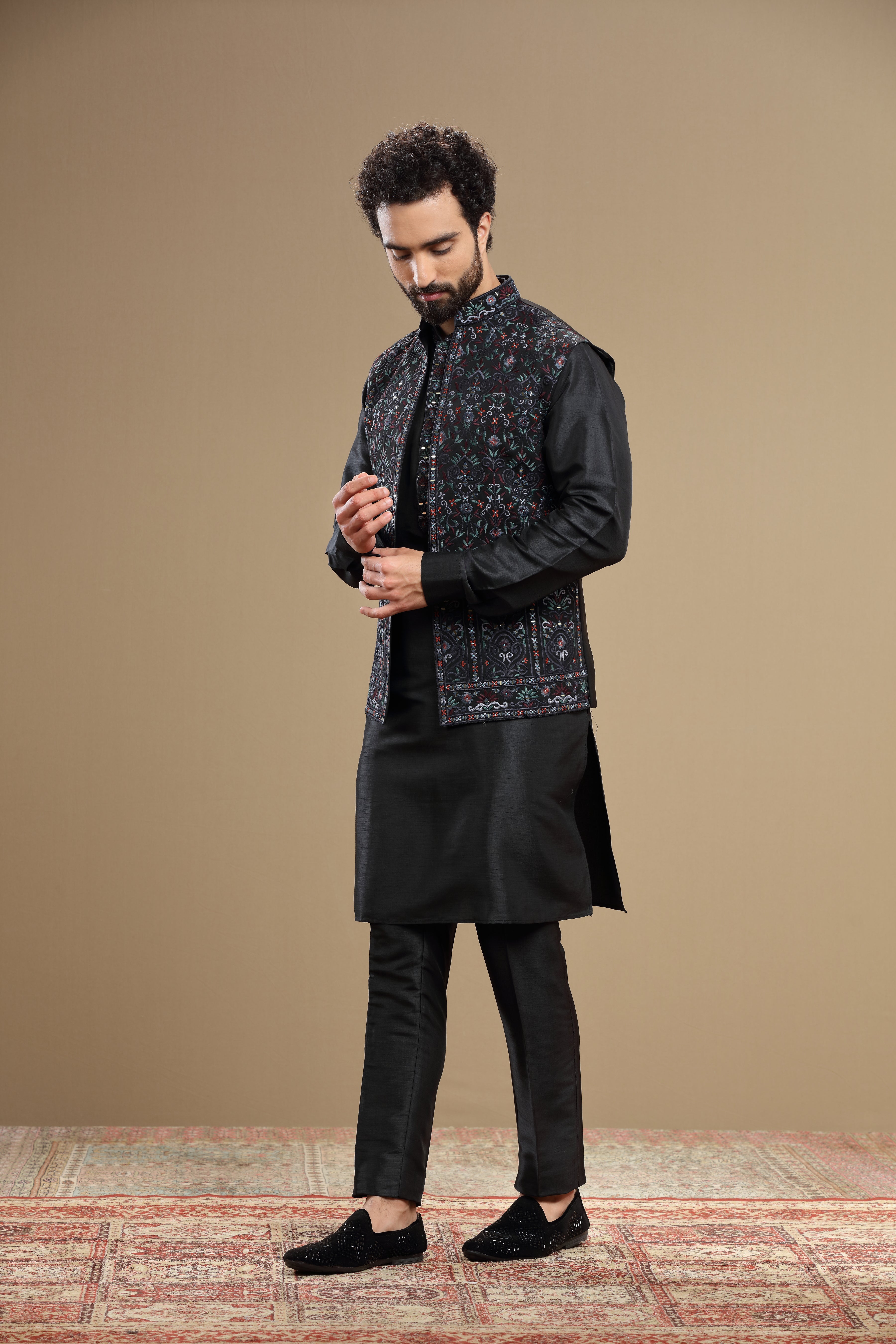 Black Silk jacket set with floral embroidery - Shreeman