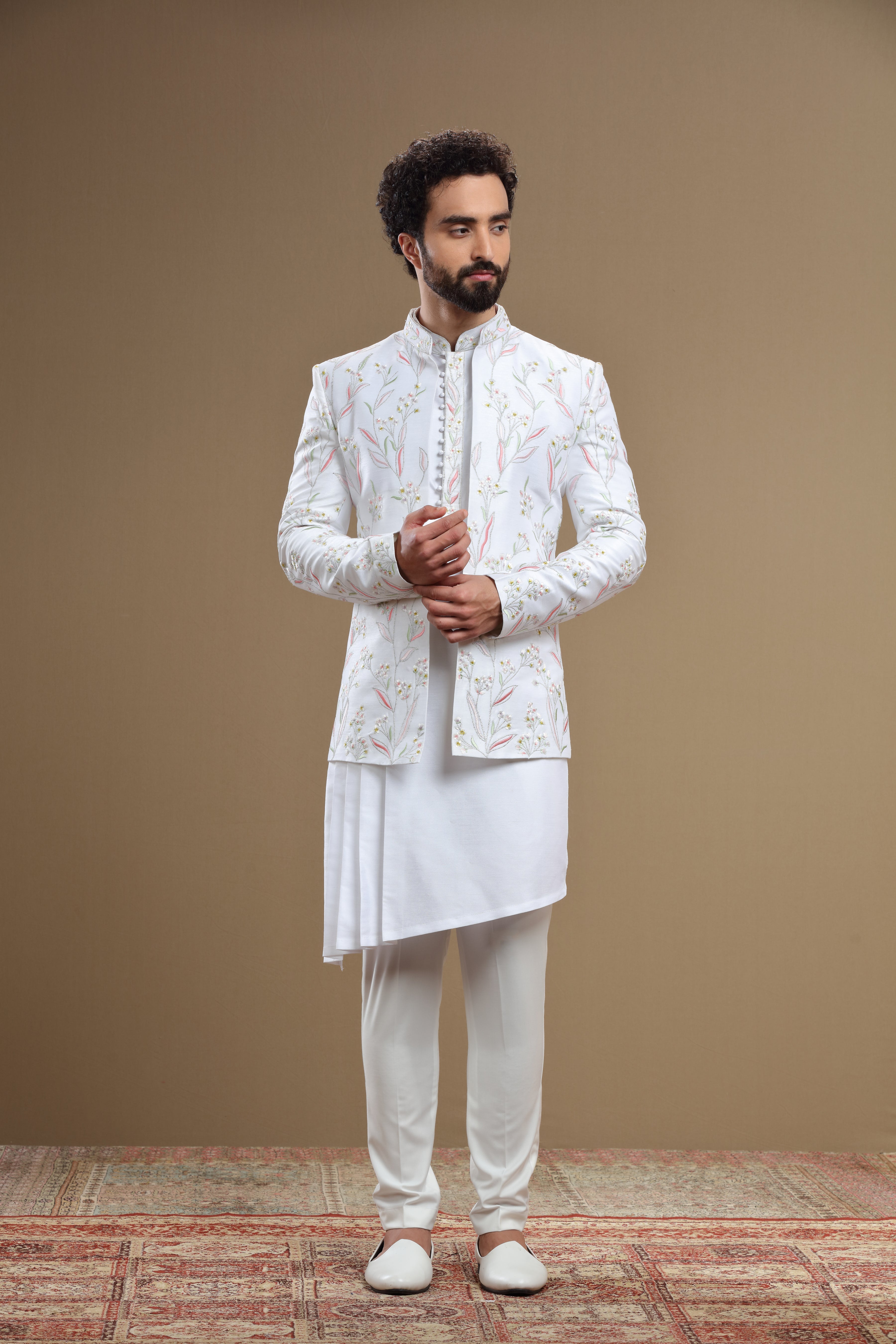 White floral embridered jacket with asymetric kurta - Shreeman