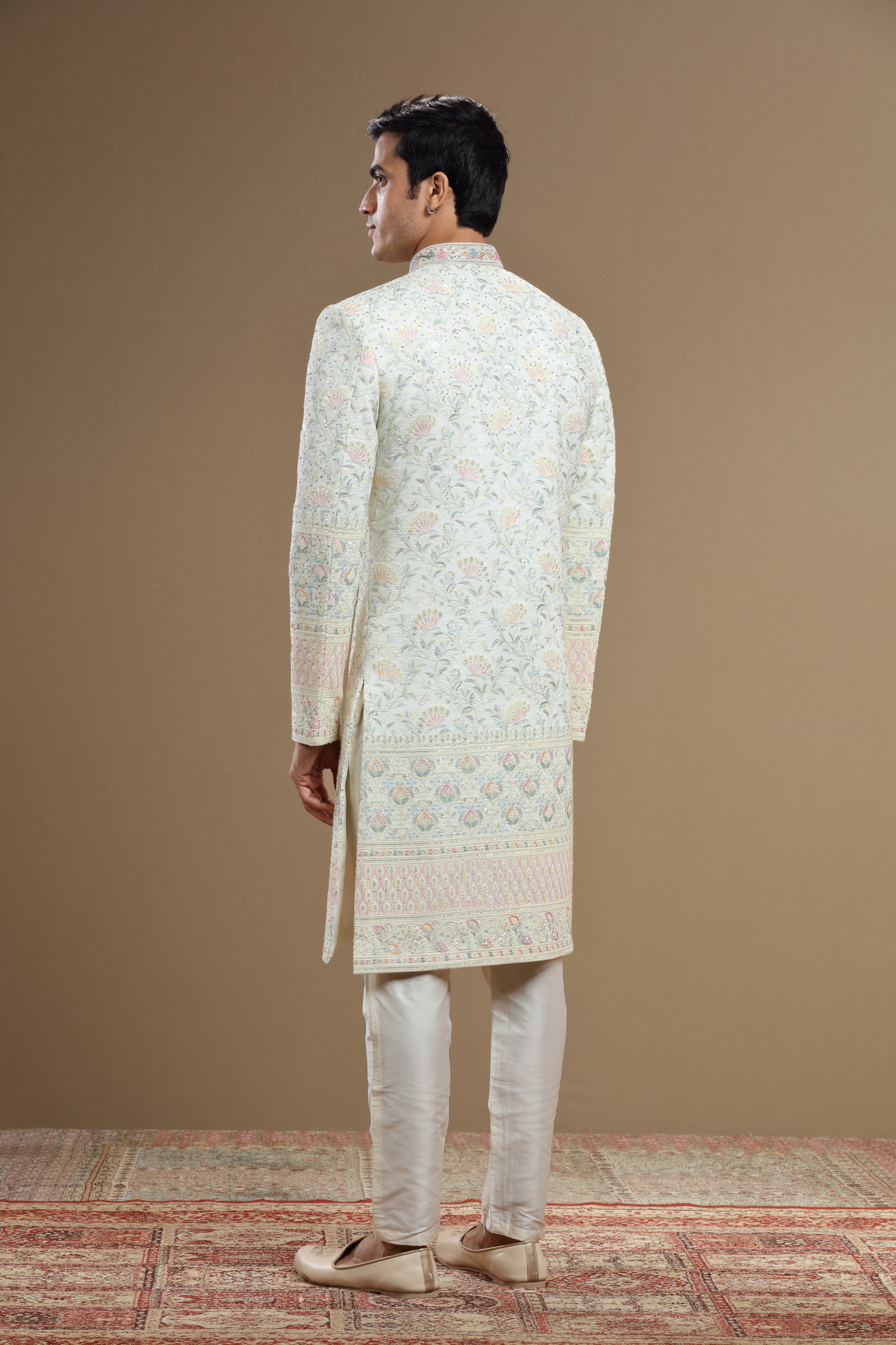 Multi color embroidered Silk floral sherwani set - Shreeman