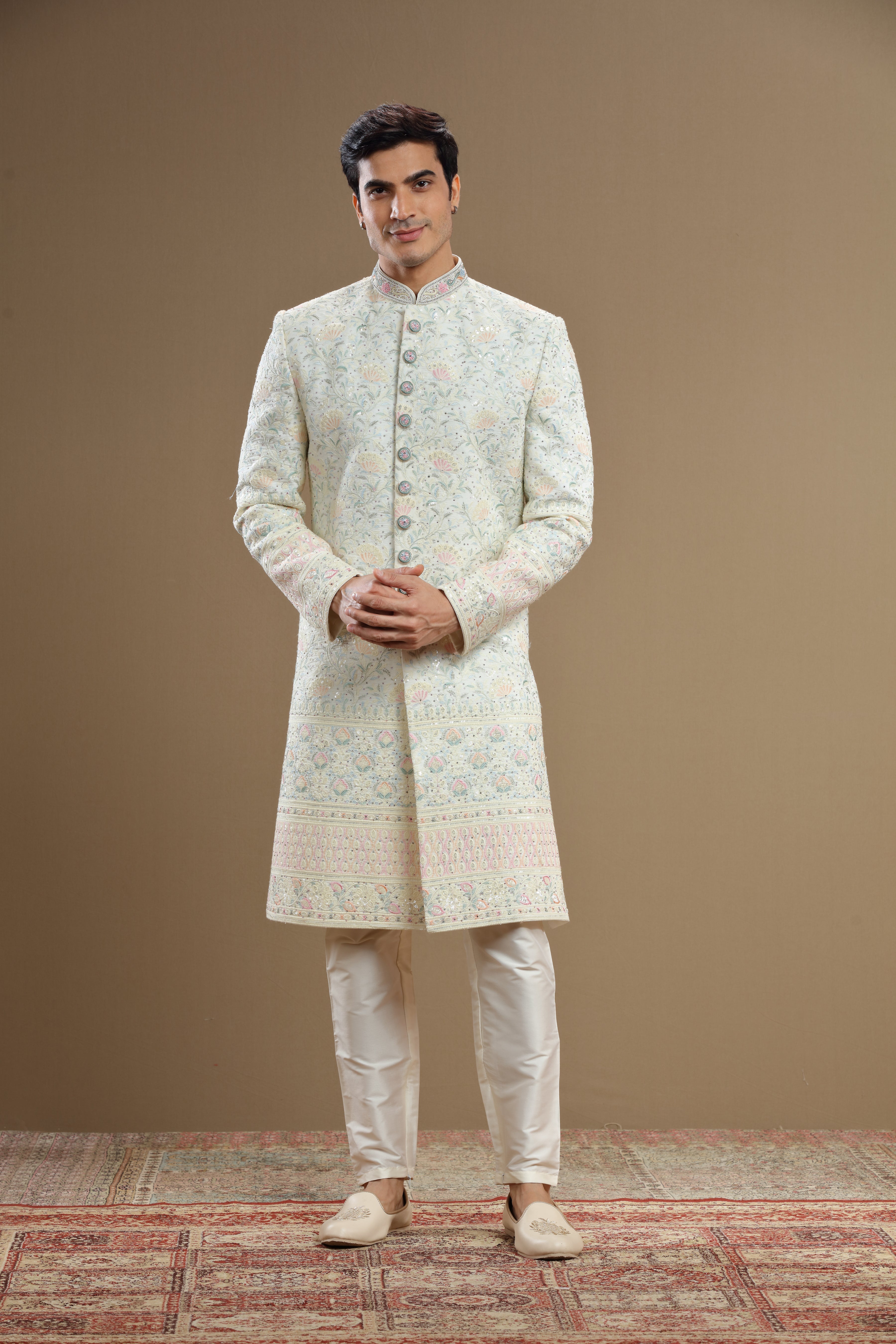 Multi color embroidered Silk  floral sherwani set - Shreeman