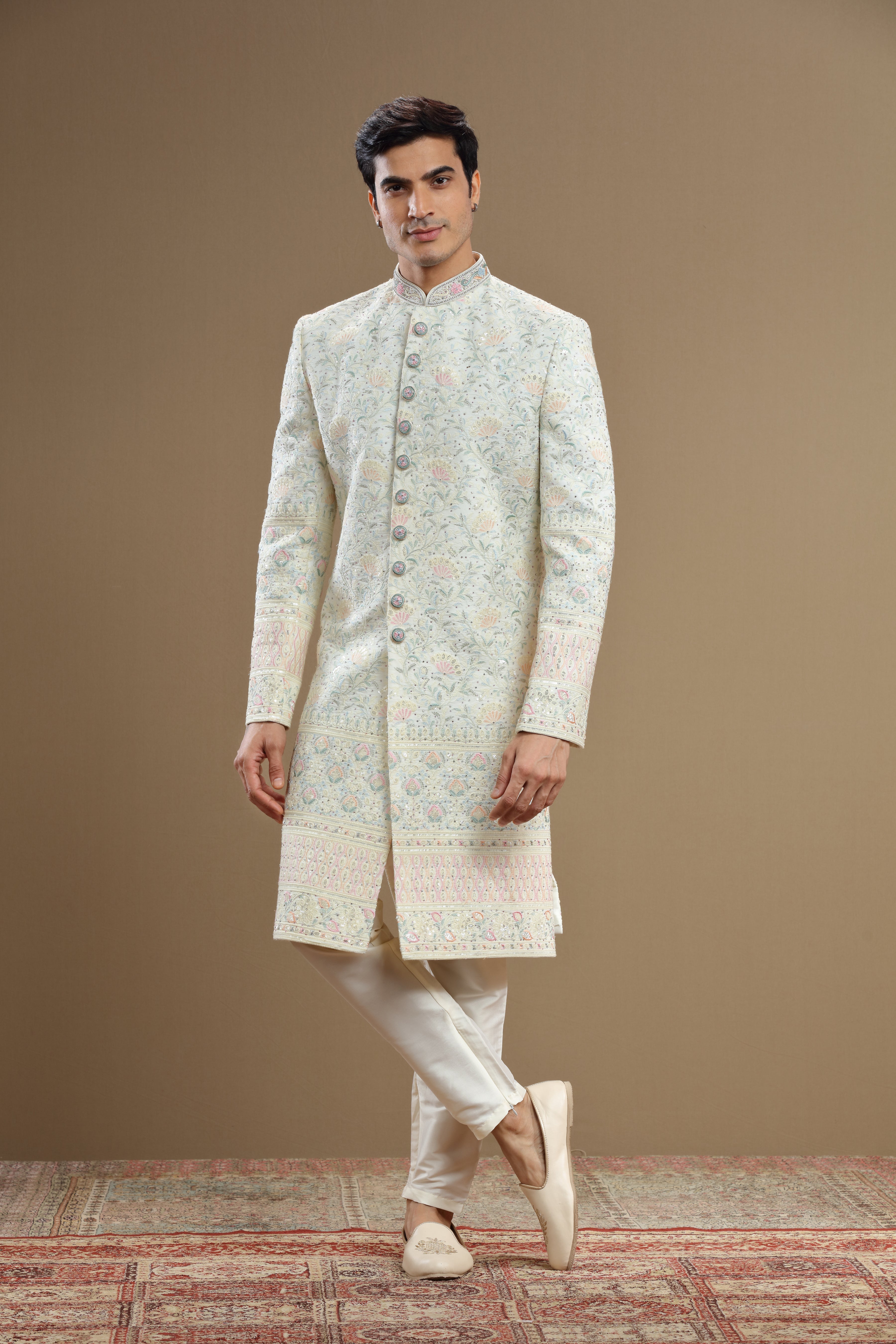 Multi color embroidered Silk  floral sherwani set - Shreeman