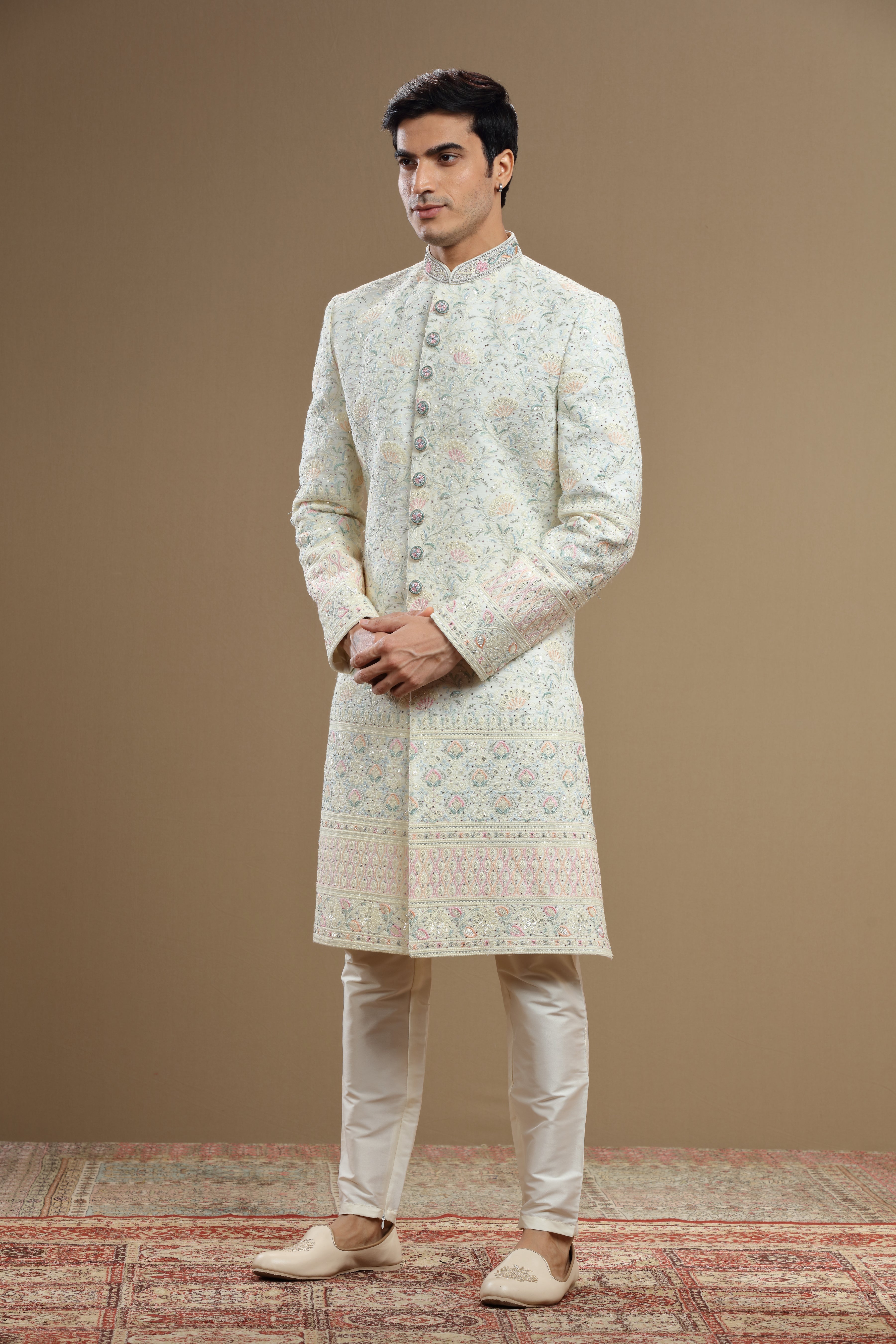 Multi color embroidered Silk floral sherwani set - Shreeman